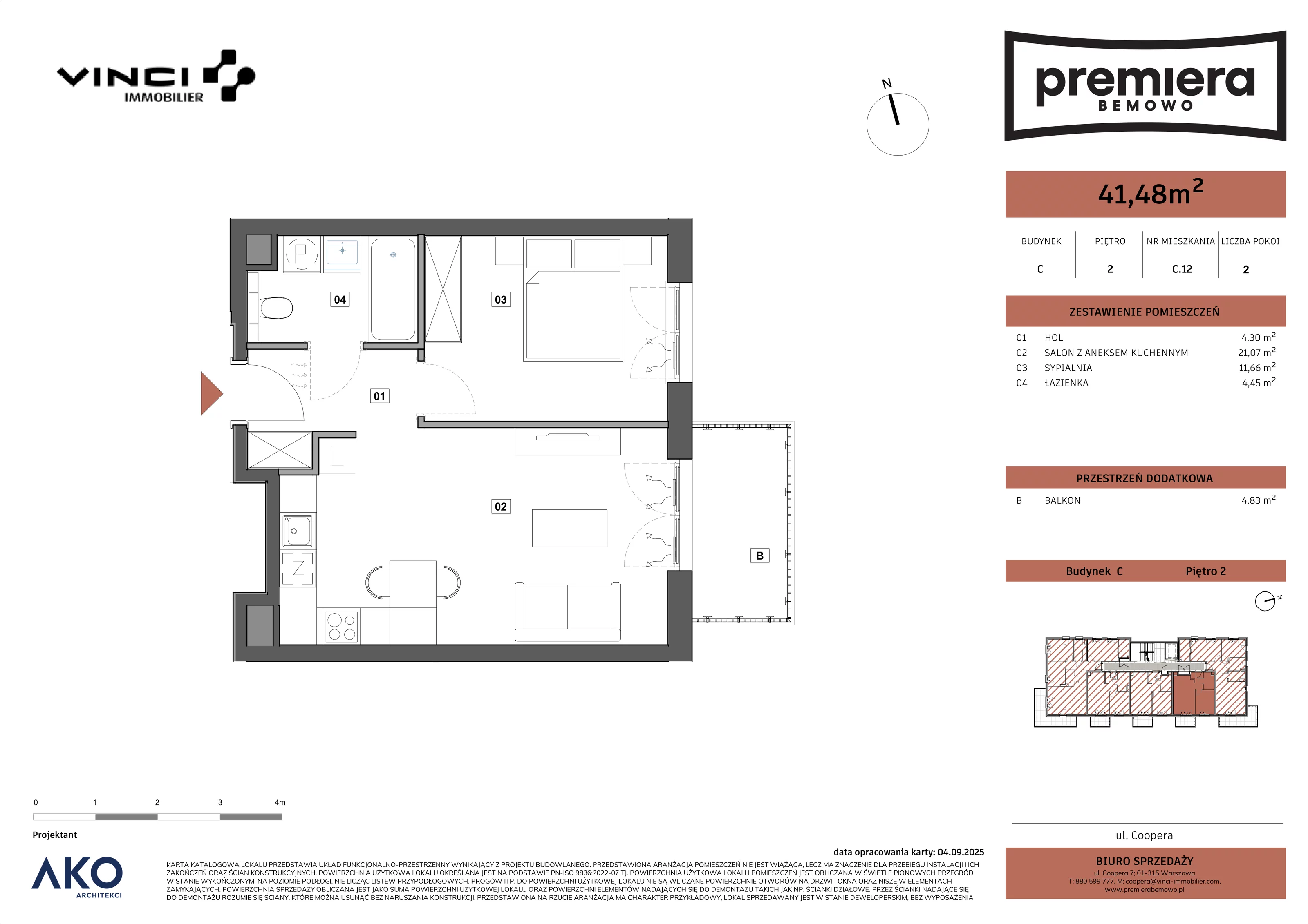 2 pokoje, mieszkanie 41,48 m², piętro 2, oferta nr C.12, Premiera Bemowo, Warszawa, Bemowo, Chrzanów, u. Coopera 5-7
