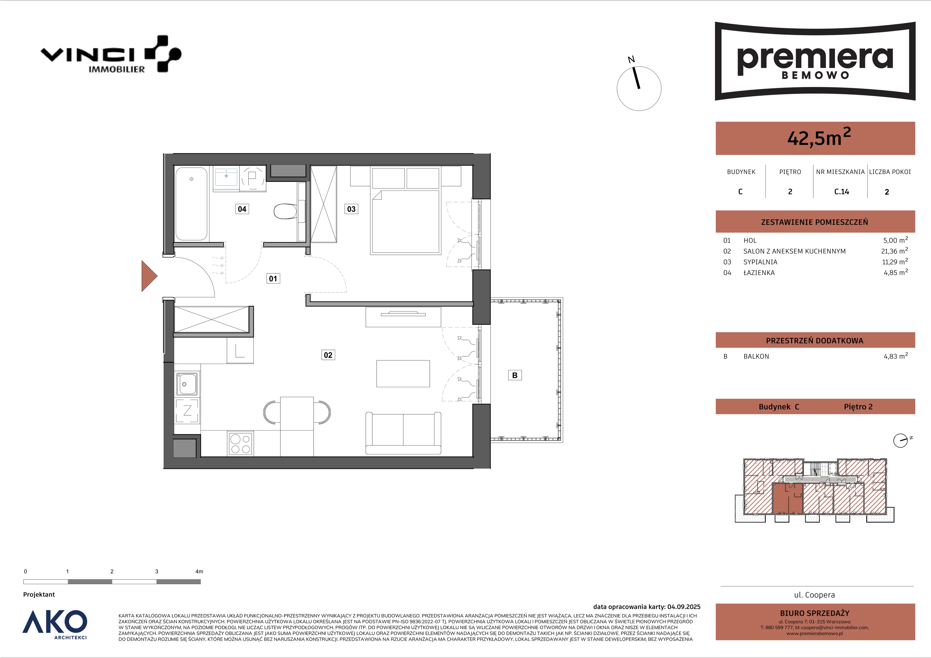 2 pokoje, mieszkanie 42,50 m², piętro 2, oferta nr C.14, Premiera Bemowo, Warszawa, Bemowo, Chrzanów, u. Coopera 5-7