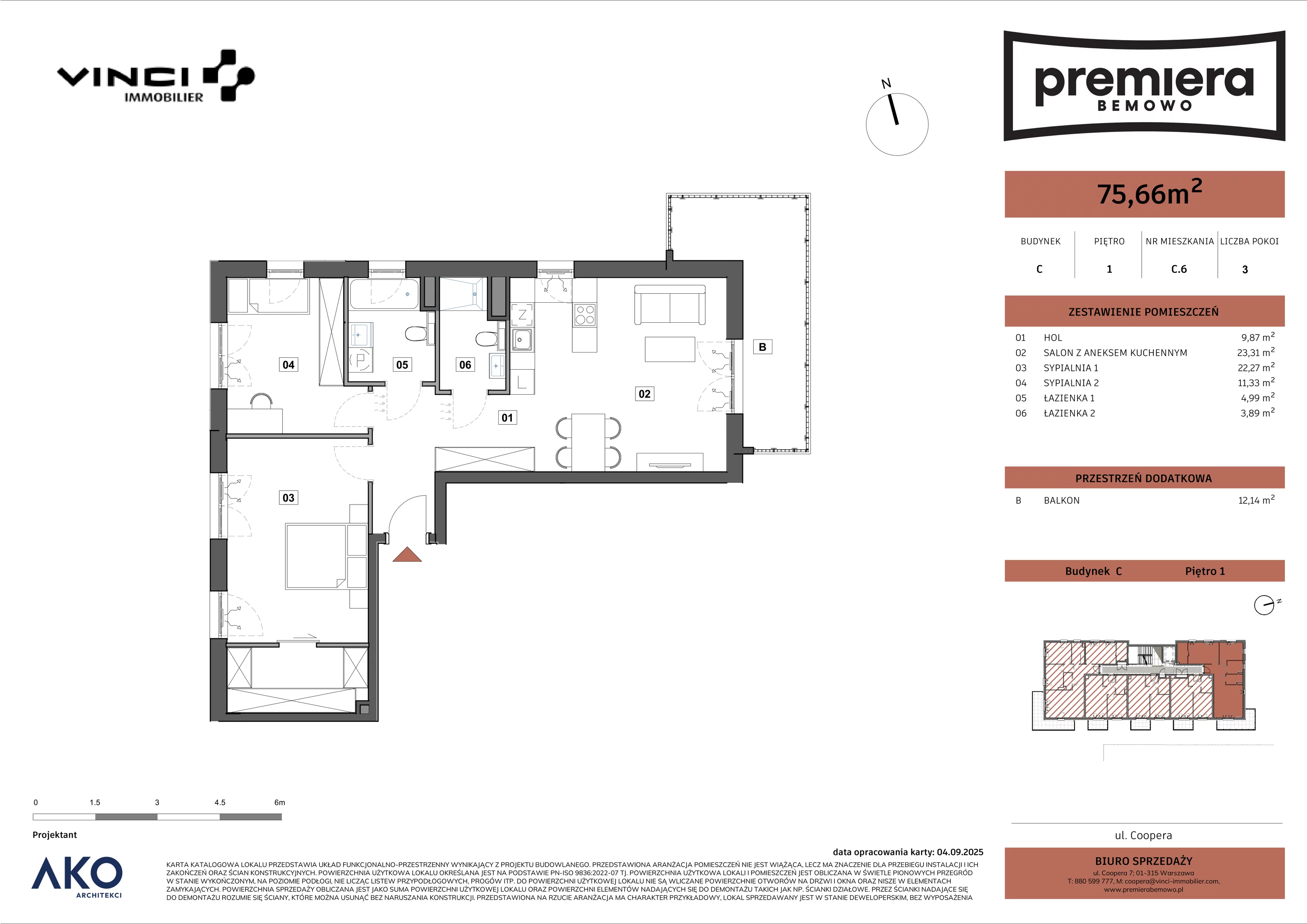3 pokoje, mieszkanie 75,66 m², piętro 1, oferta nr C.6, Premiera Bemowo, Warszawa, Bemowo, Chrzanów, u. Coopera 5-7