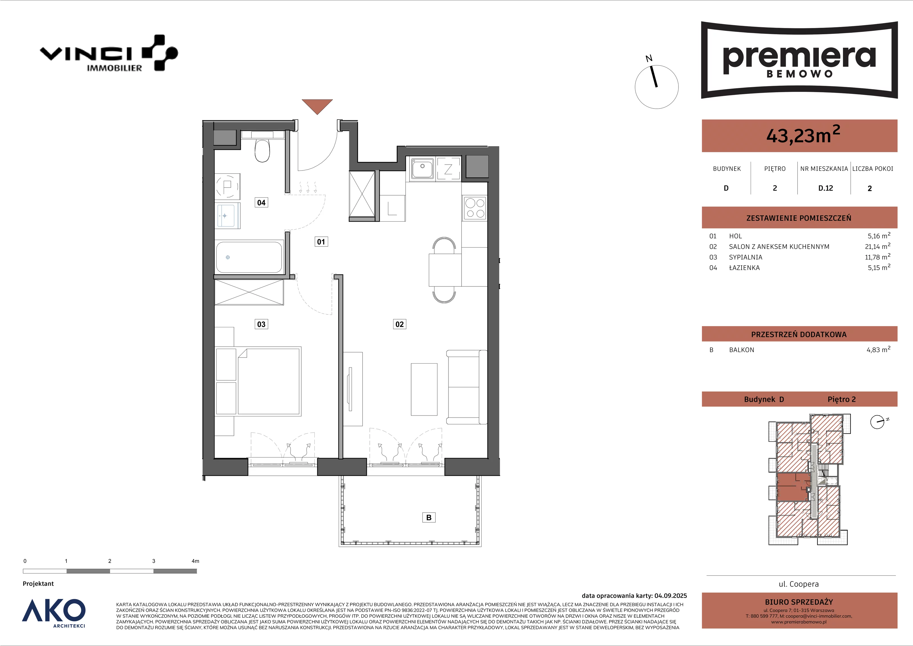 2 pokoje, mieszkanie 43,23 m², piętro 2, oferta nr D.12, Premiera Bemowo, Warszawa, Bemowo, Chrzanów, u. Coopera 5-7