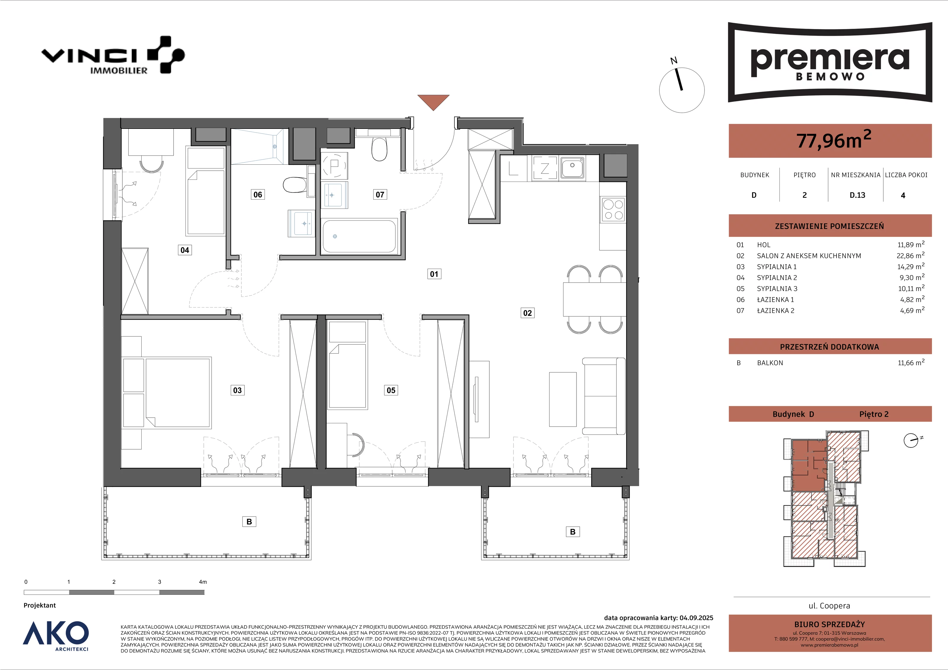 4 pokoje, mieszkanie 77,96 m², piętro 2, oferta nr D.13, Premiera Bemowo, Warszawa, Bemowo, Chrzanów, u. Coopera 5-7