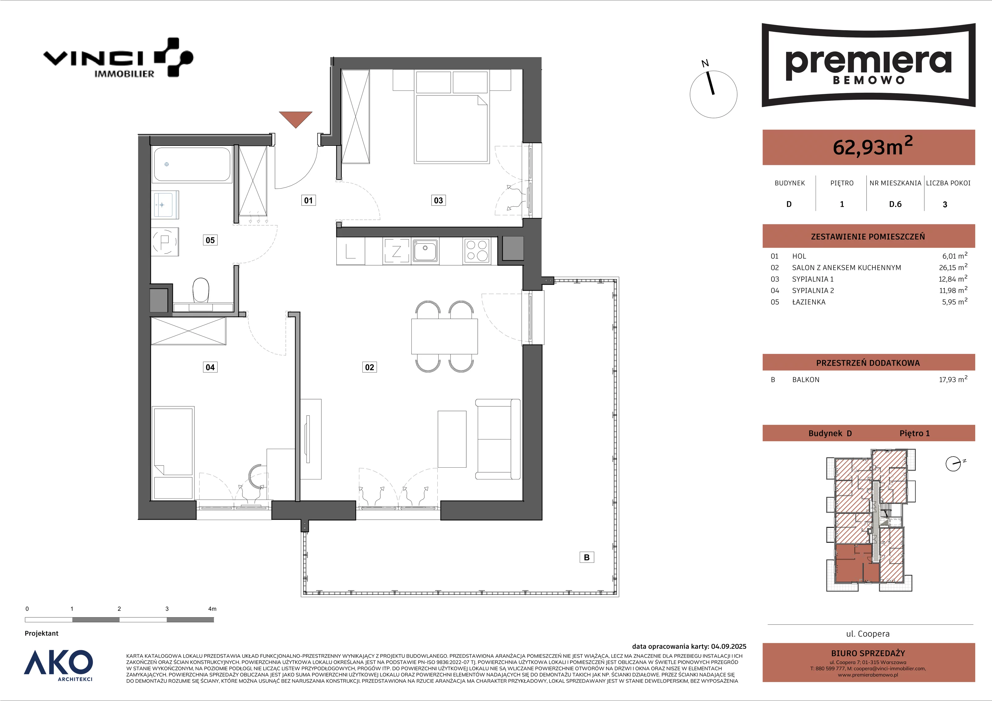 3 pokoje, mieszkanie 62,93 m², piętro 1, oferta nr D.6, Premiera Bemowo, Warszawa, Bemowo, Chrzanów, u. Coopera 5-7