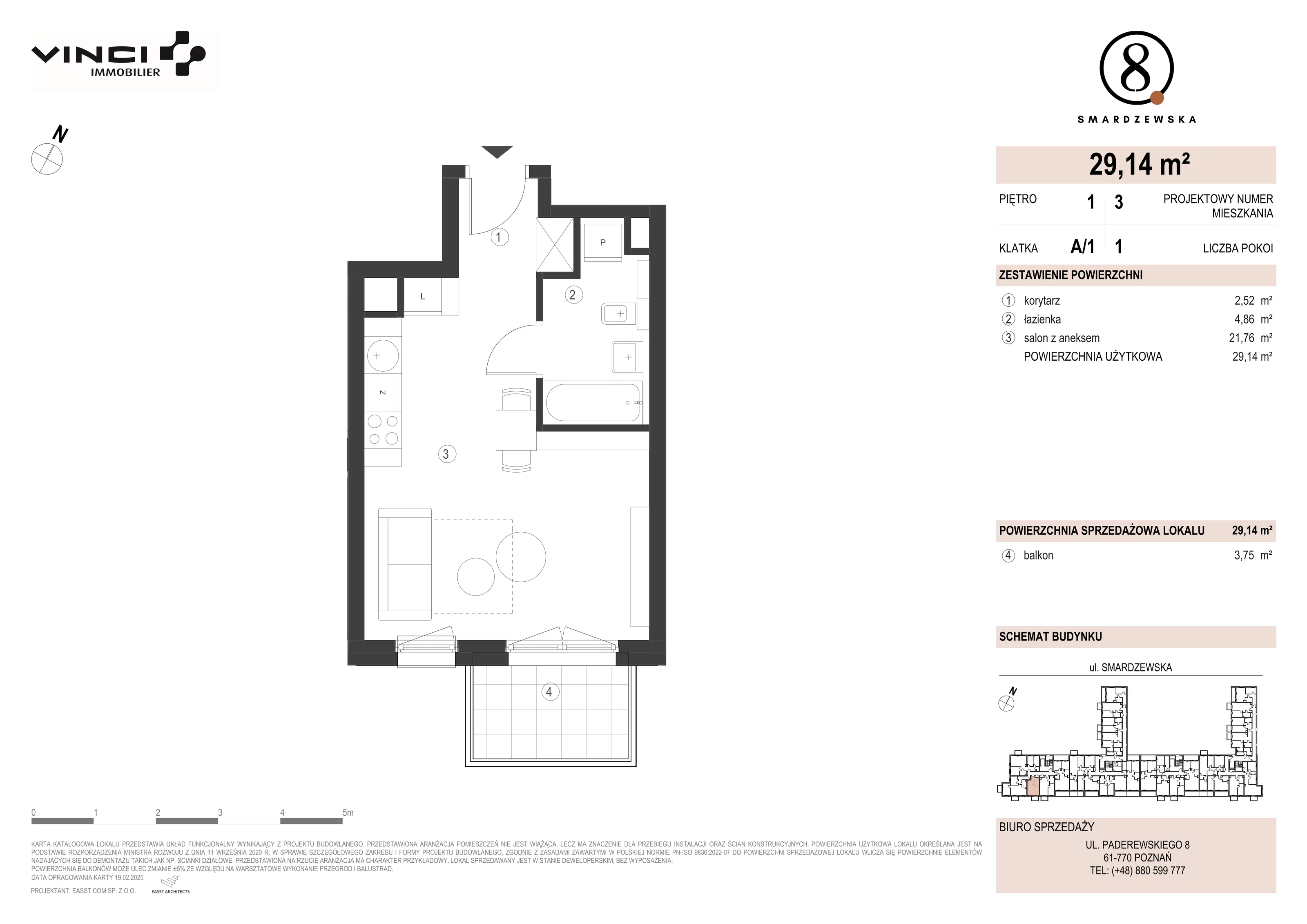 1 pokój, apartament 29,14 m², piętro 1, oferta nr A/1/1.3, Smardzewska 8, Poznań, Grunwald, Grunwald Południe, ul. Smardzewska 8