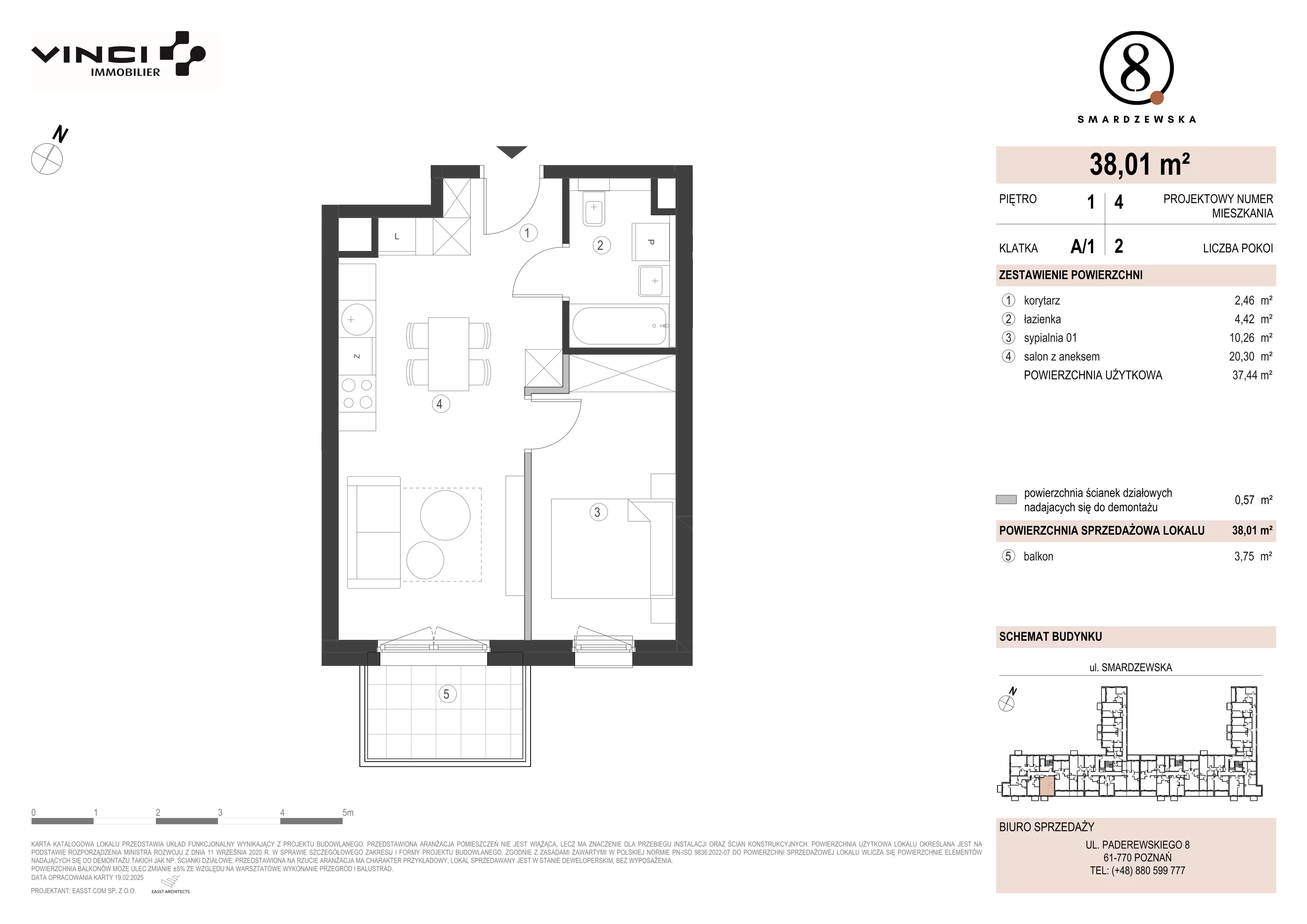 2 pokoje, apartament 37,44 m², piętro 1, oferta nr A/1/1.4, Smardzewska 8, Poznań, Grunwald, Grunwald Południe, ul. Smardzewska 8