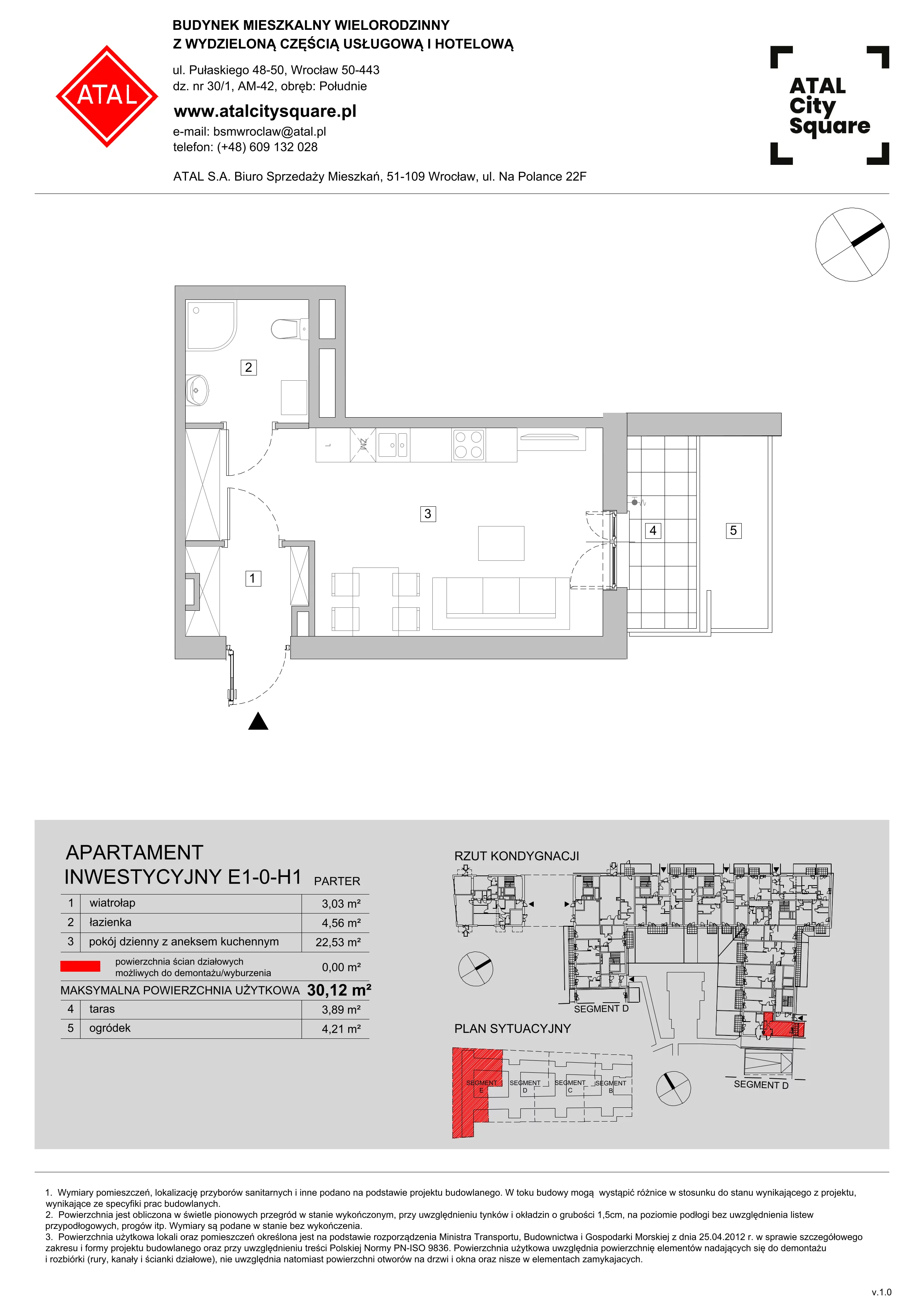 Apartament 30,10 m², parter, oferta nr E1-0-H1, ATAL City Square - apartamenty inwestycyjne, Wrocław, Przedmieście Oławskie, Krzyki, ul. gen. Kazimierza Pułaskiego