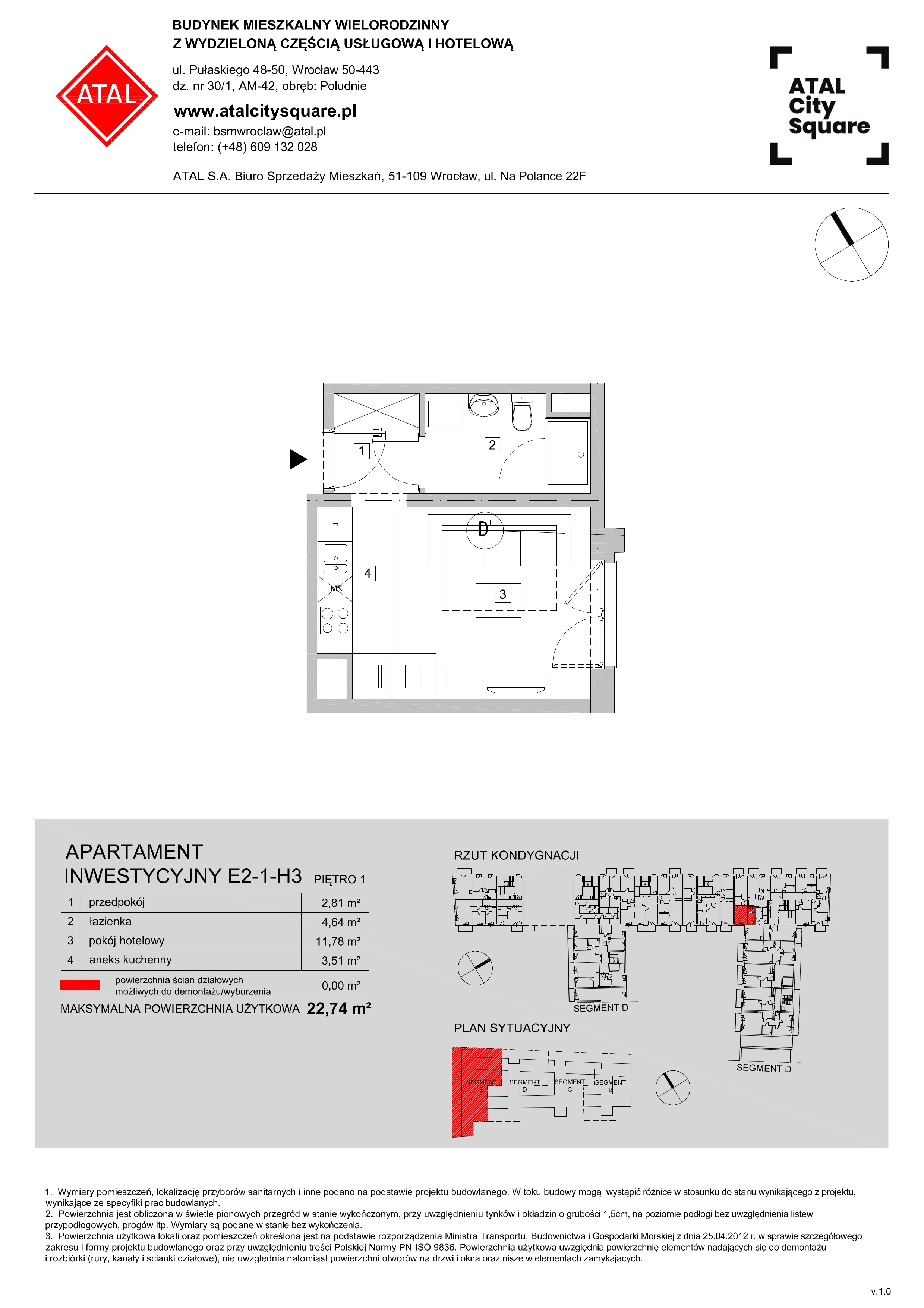 Apartament 22,50 m², piętro 1, oferta nr E2-1-H3, ATAL City Square - apartamenty inwestycyjne, Wrocław, Przedmieście Oławskie, Krzyki, ul. gen. Kazimierza Pułaskiego