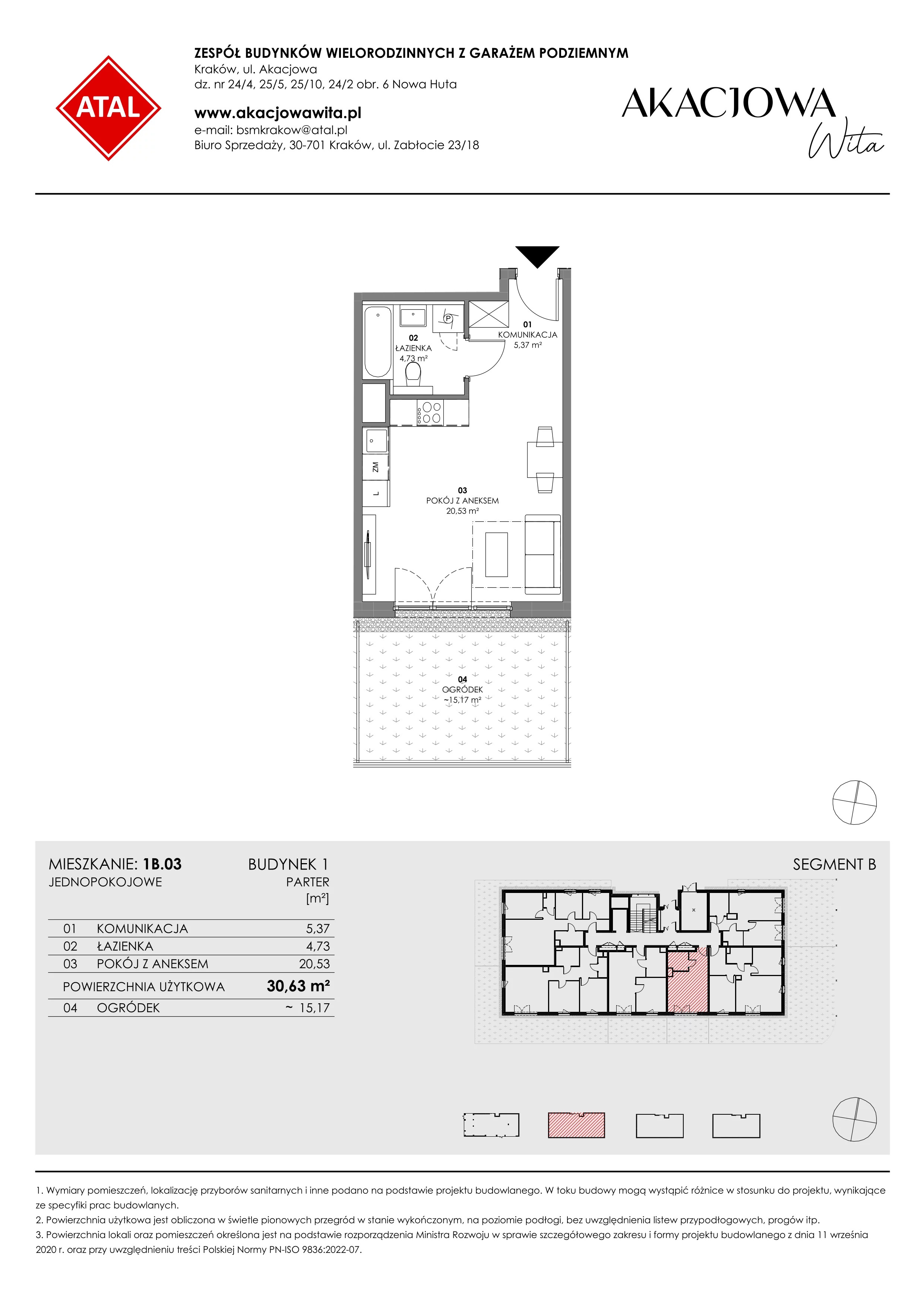 Mieszkanie 30,63 m², parter, oferta nr 1B.03, Akacjowa Wita, Kraków, Prądnik Czerwony, Rakowice, ul. Akacjowa