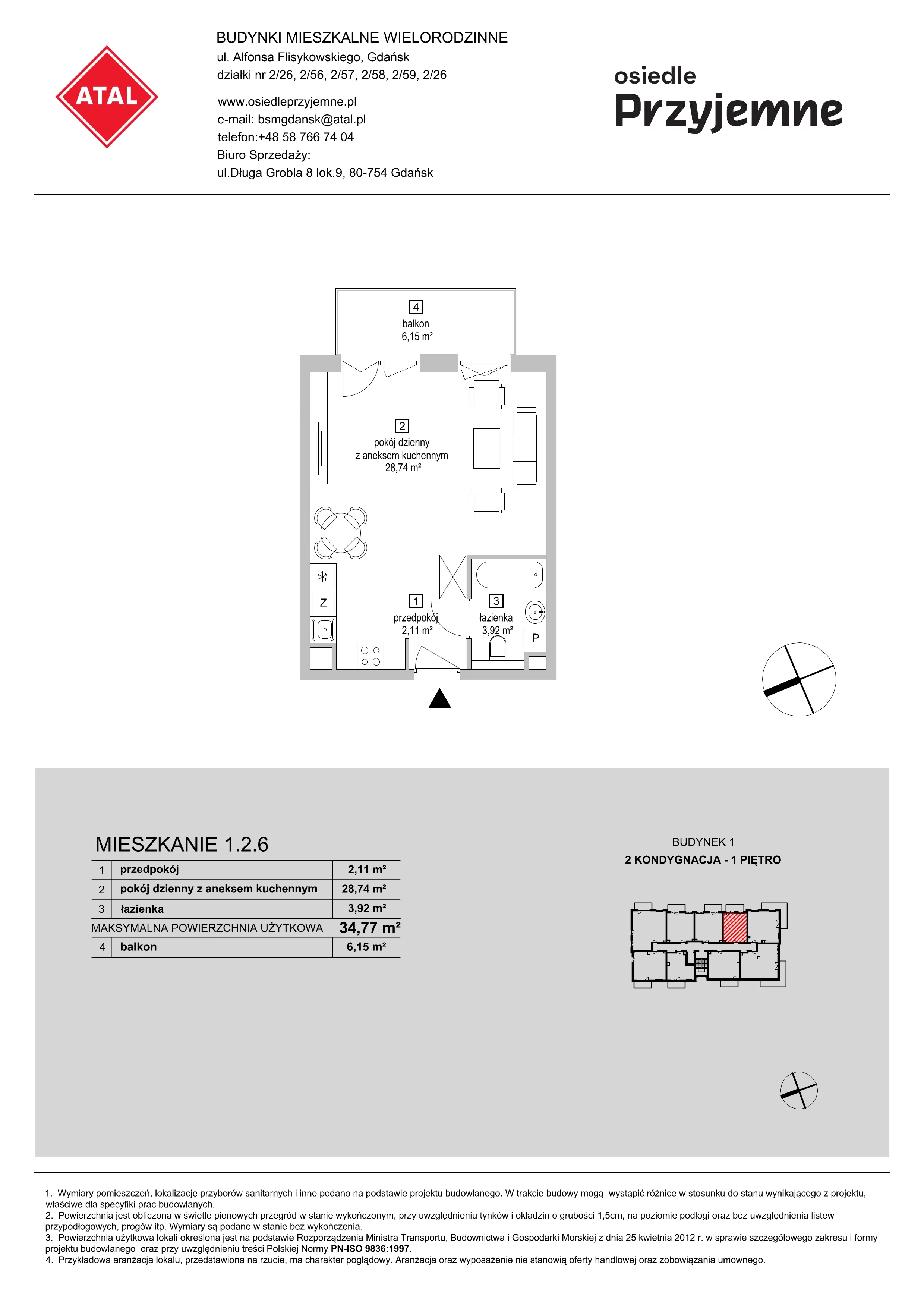 Mieszkanie 34,77 m², piętro 1, oferta nr 1.2.6, Osiedle Przyjemne - etap I, Gdańsk, Jasień, ul. Flisykowskiego