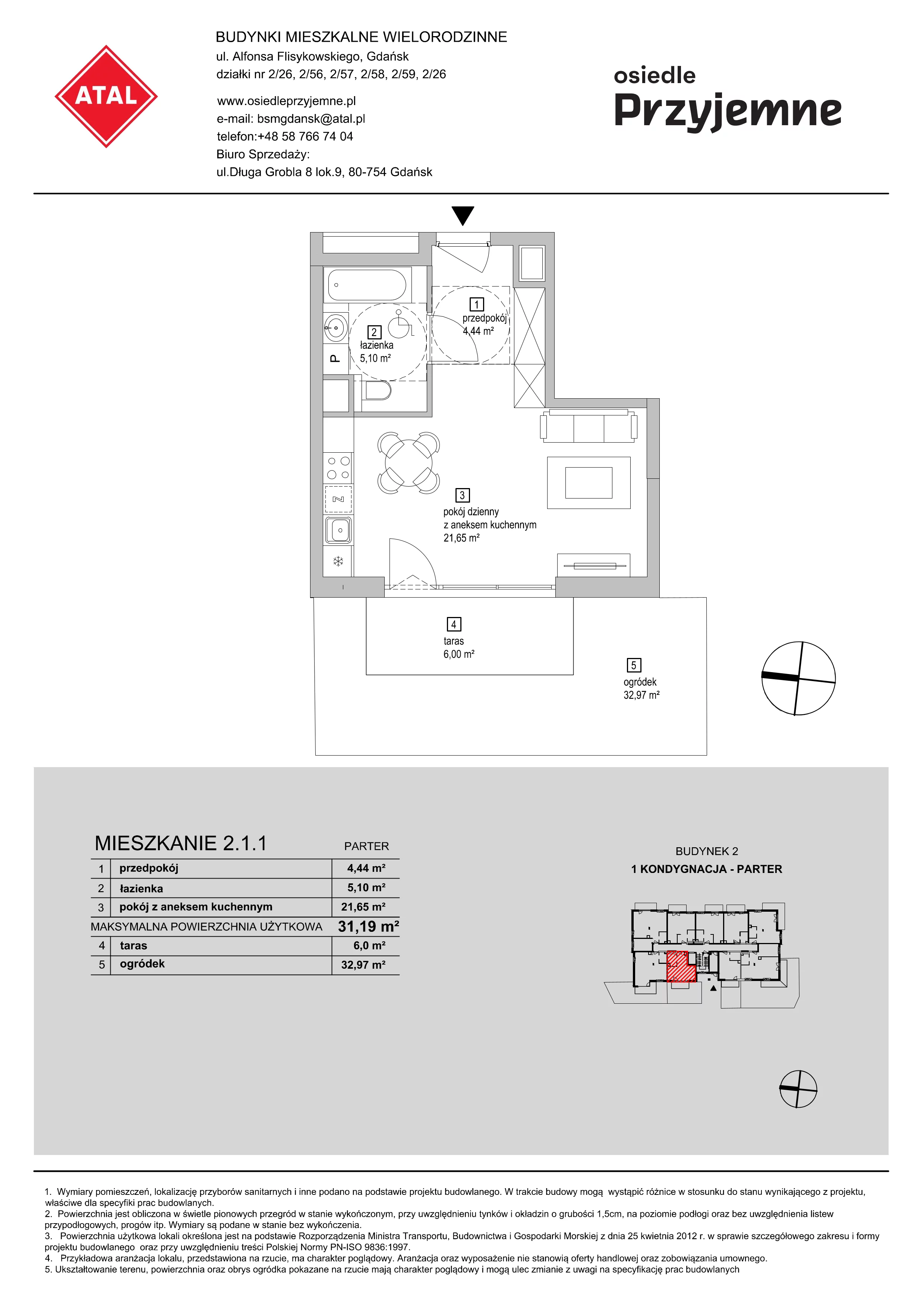 Mieszkanie 31,19 m², parter, oferta nr 2.1.1, Osiedle Przyjemne - etap I, Gdańsk, Jasień, ul. Flisykowskiego