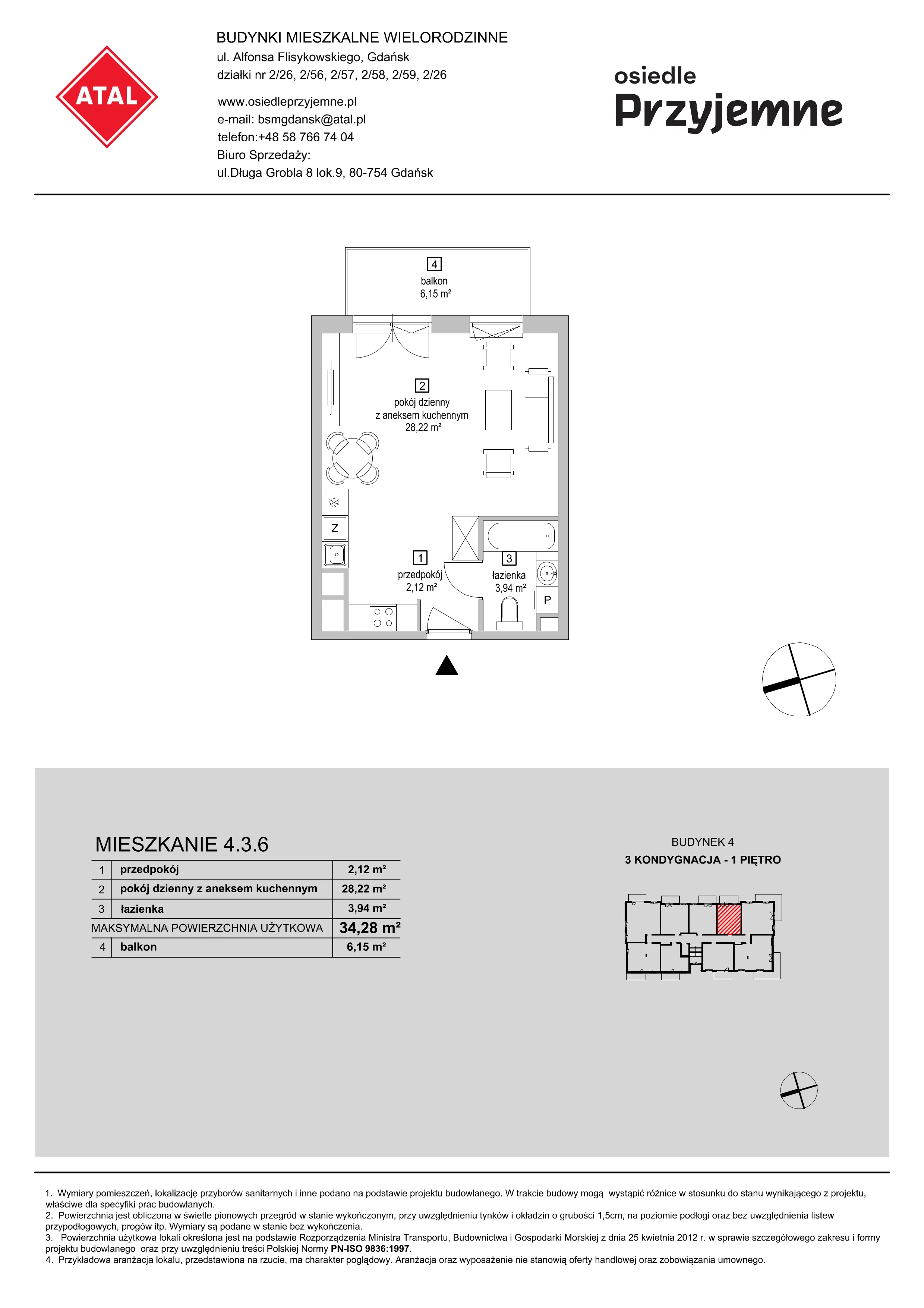 Mieszkanie 34,28 m², piętro 1, oferta nr 4.3.6, Osiedle Przyjemne - etap II, Gdańsk, Jasień, ul. Flisykowskiego