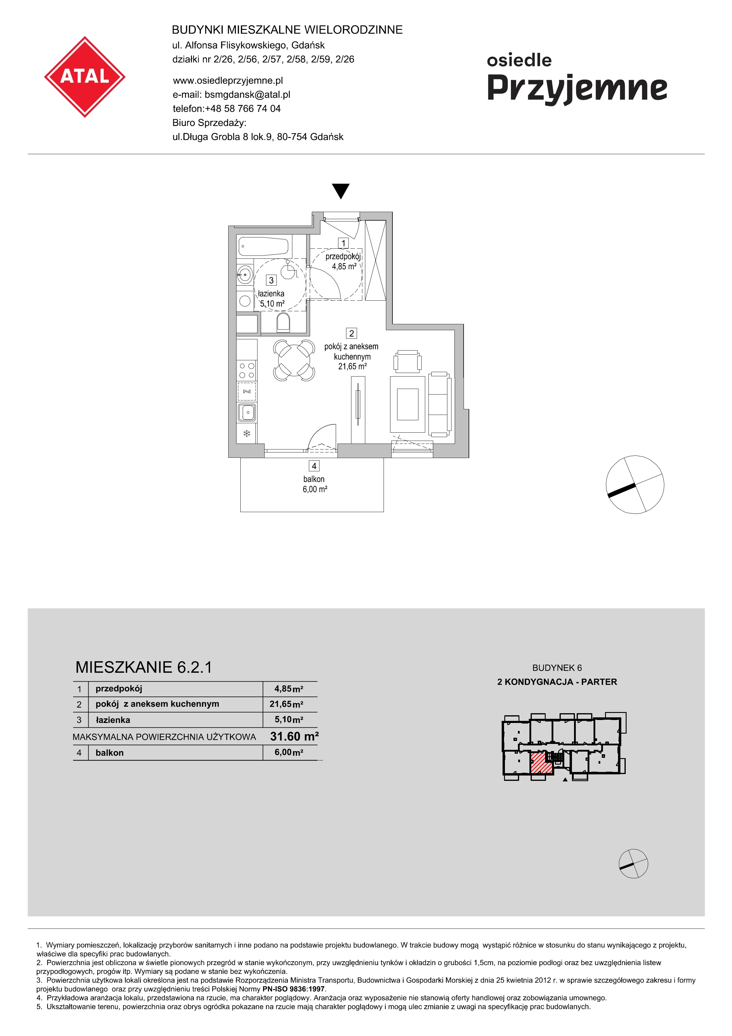 Mieszkanie 31,60 m², parter, oferta nr 6.2.1, Osiedle Przyjemne - etap III, Gdańsk, Jasień, ul. Flisykowskiego