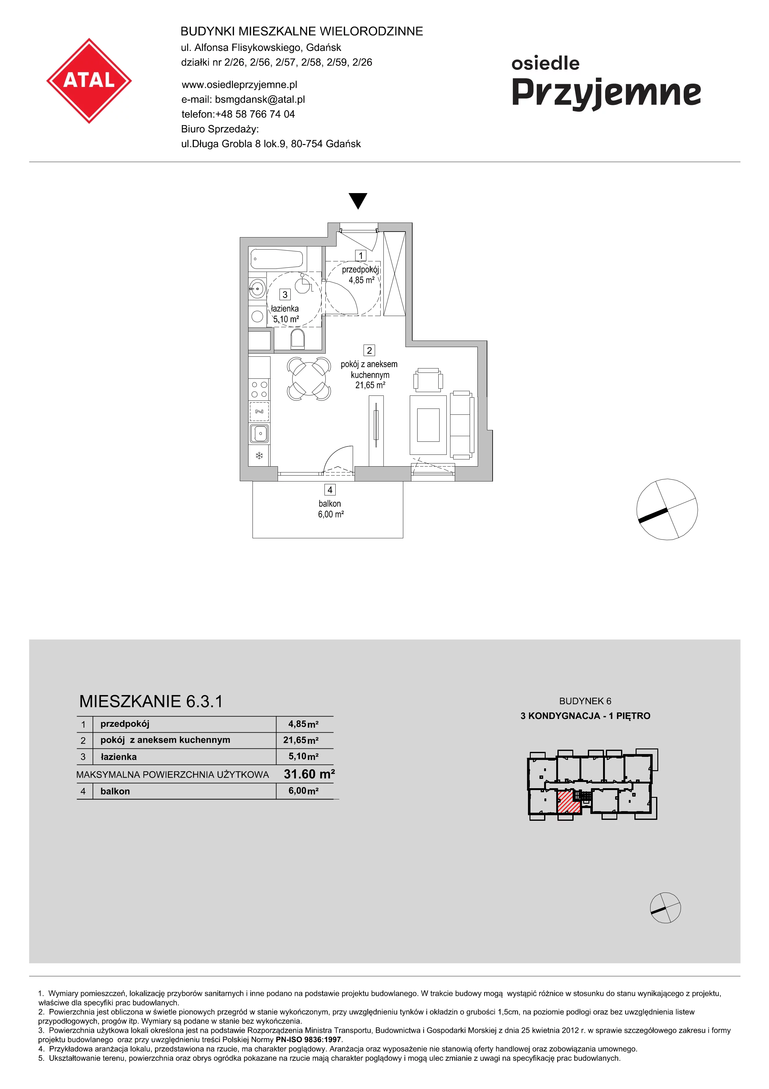 Mieszkanie 31,60 m², piętro 1, oferta nr 6.3.1, Osiedle Przyjemne - etap III, Gdańsk, Jasień, ul. Flisykowskiego