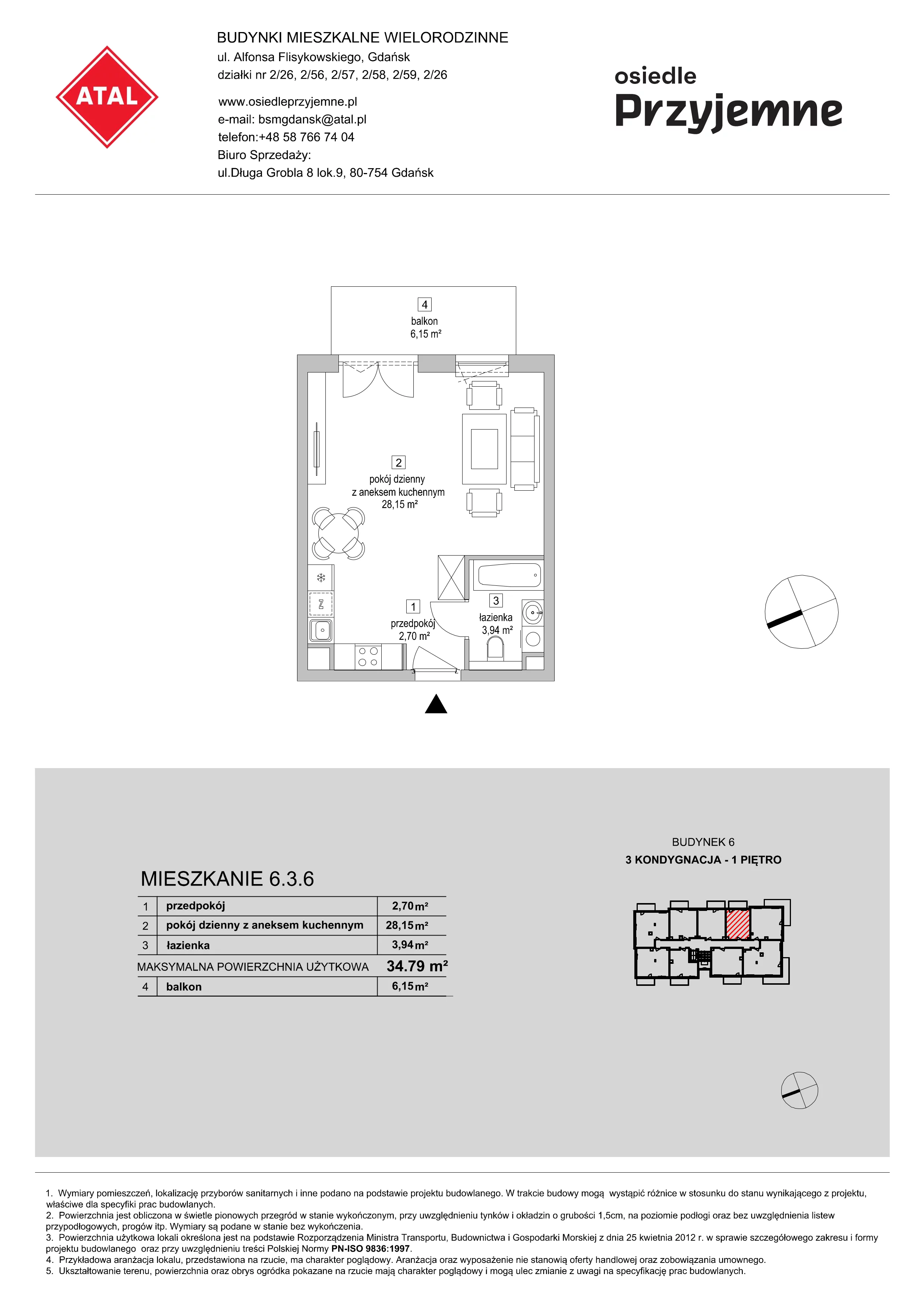 Mieszkanie 34,79 m², piętro 1, oferta nr 6.3.6, Osiedle Przyjemne - etap III, Gdańsk, Jasień, ul. Flisykowskiego