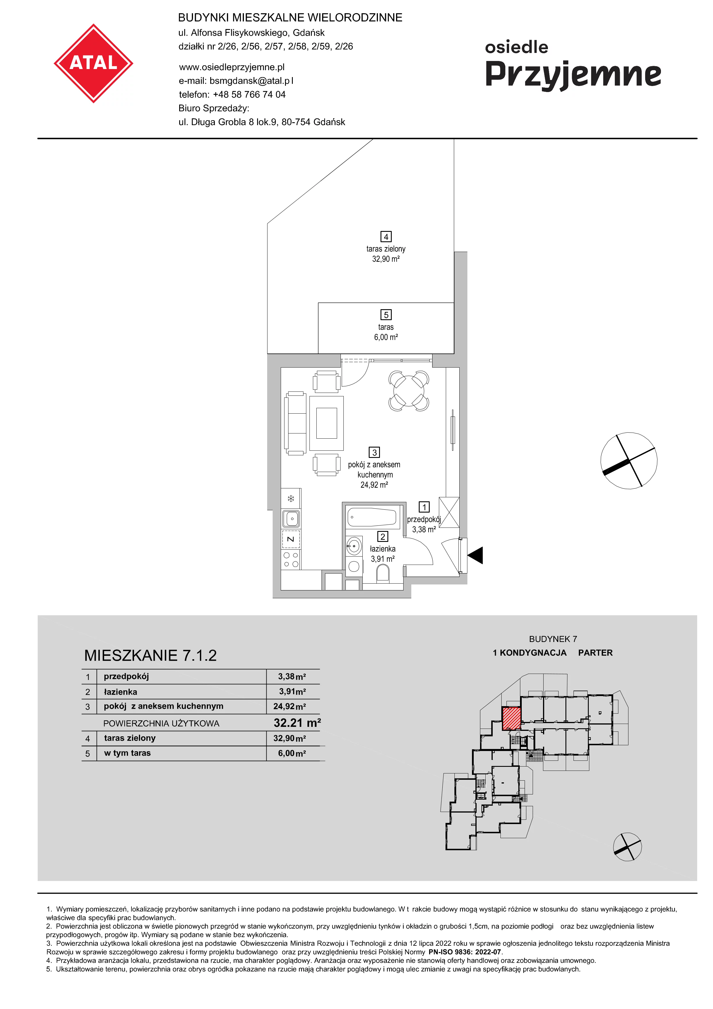 1 pokój, mieszkanie 32,21 m², parter, oferta nr 7.1.2, Osiedle Przyjemne - etap IV, Gdańsk, Jasień, ul. Flisykowskiego