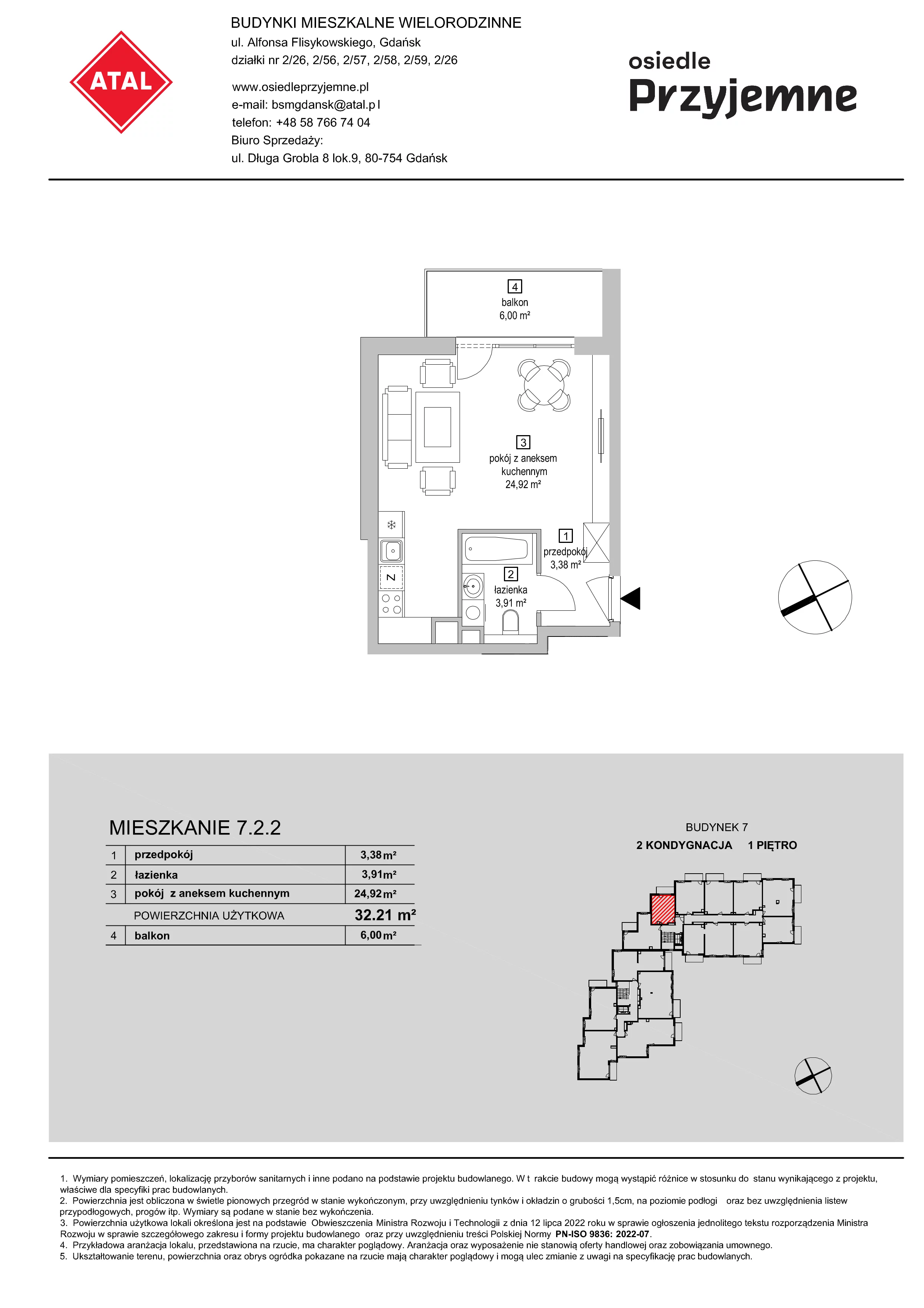 1 pokój, mieszkanie 32,21 m², piętro 1, oferta nr 7.2.2, Osiedle Przyjemne - etap IV, Gdańsk, Jasień, ul. Flisykowskiego