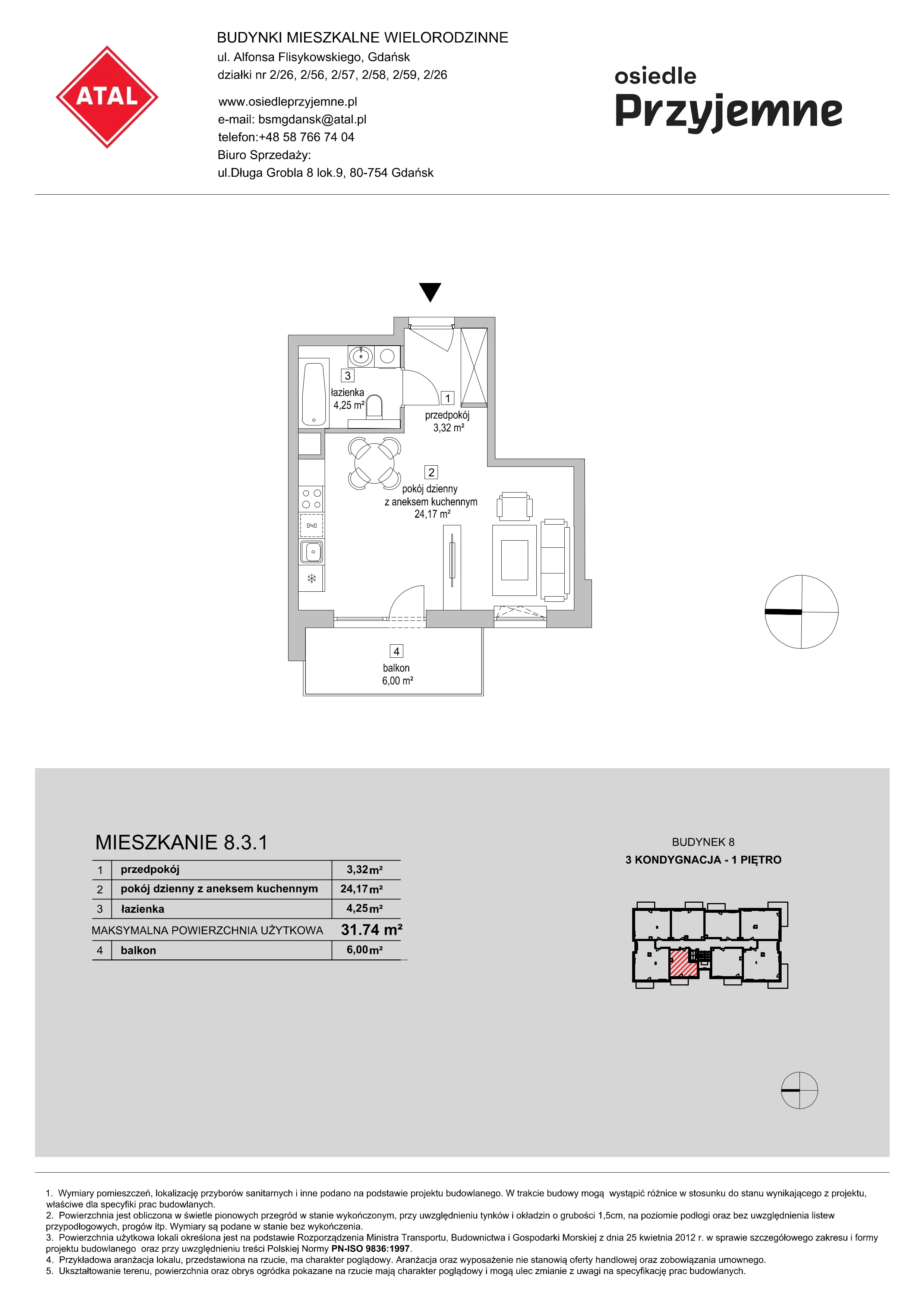 Mieszkanie 31,74 m², piętro 1, oferta nr 8.3.1, Osiedle Przyjemne - etap III, Gdańsk, Jasień, ul. Flisykowskiego