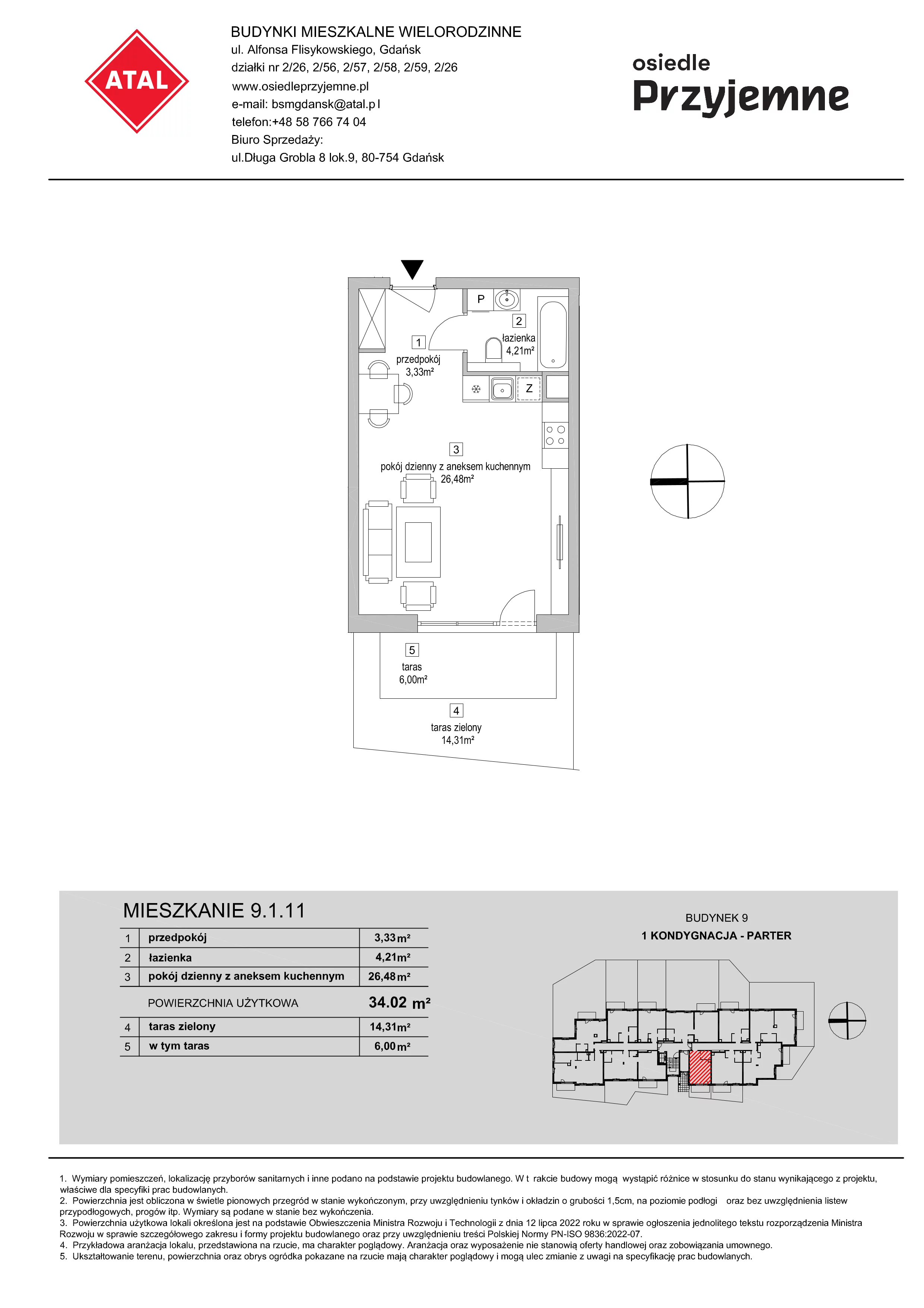 1 pokój, mieszkanie 34,02 m², parter, oferta nr 9.1.11, Osiedle Przyjemne - etap IV, Gdańsk, Jasień, ul. Flisykowskiego