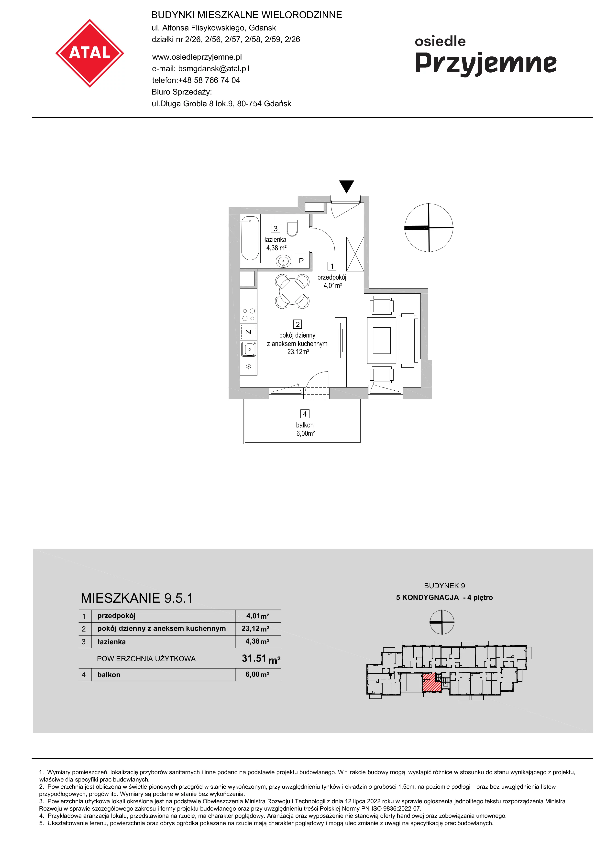 1 pokój, mieszkanie 31,51 m², piętro 4, oferta nr 9.5.1, Osiedle Przyjemne - etap IV, Gdańsk, Jasień, ul. Flisykowskiego