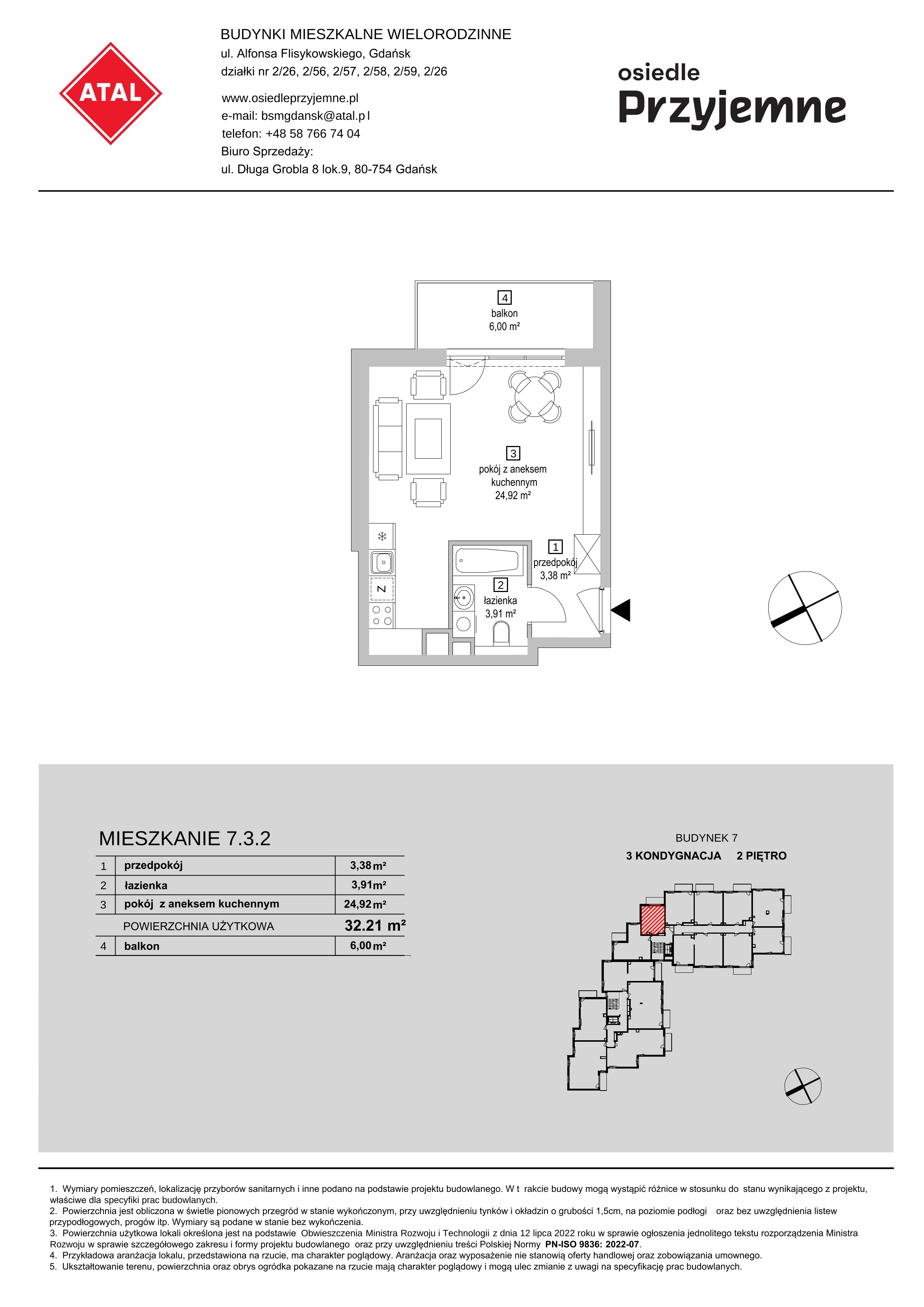 1 pokój, mieszkanie 32,21 m², piętro 2, oferta nr 7.3.2, Osiedle Przyjemne - etap IV, Gdańsk, Jasień, ul. Flisykowskiego
