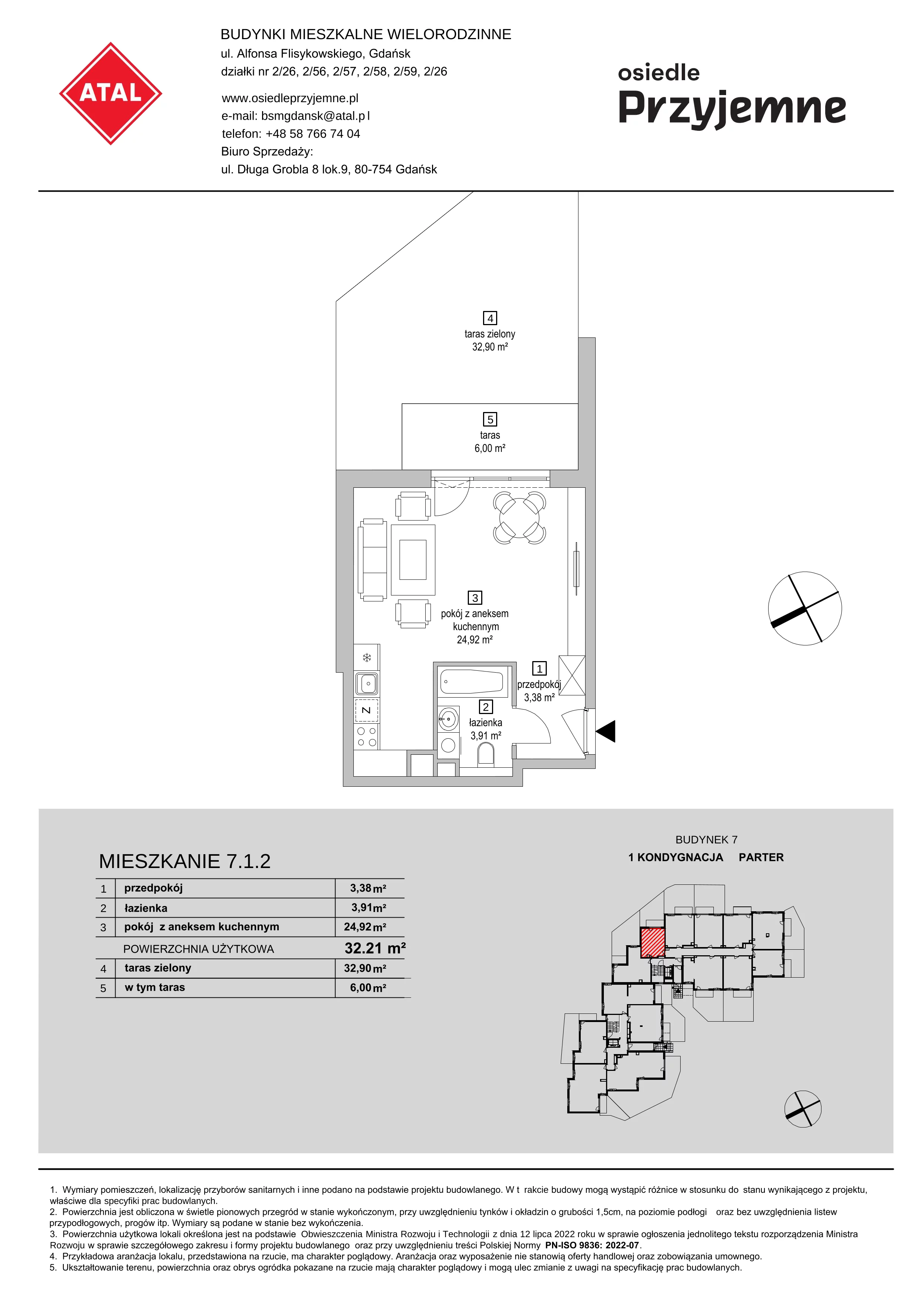 1 pokój, mieszkanie 32,21 m², parter, oferta nr 7.1.2, Osiedle Przyjemne - etap IV, Gdańsk, Jasień, ul. Flisykowskiego