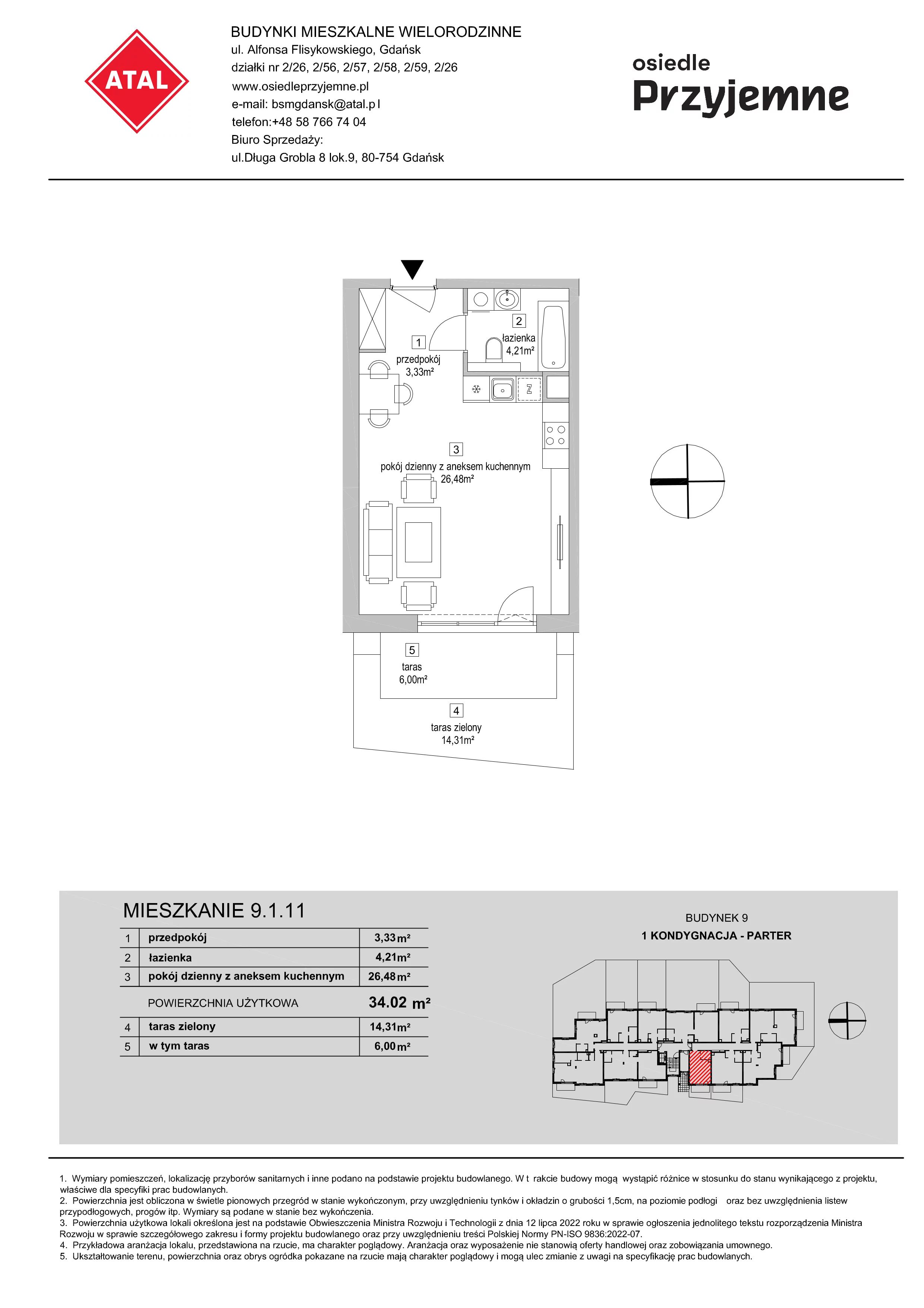 1 pokój, mieszkanie 34,02 m², parter, oferta nr 9.1.11, Osiedle Przyjemne - etap IV, Gdańsk, Jasień, ul. Flisykowskiego