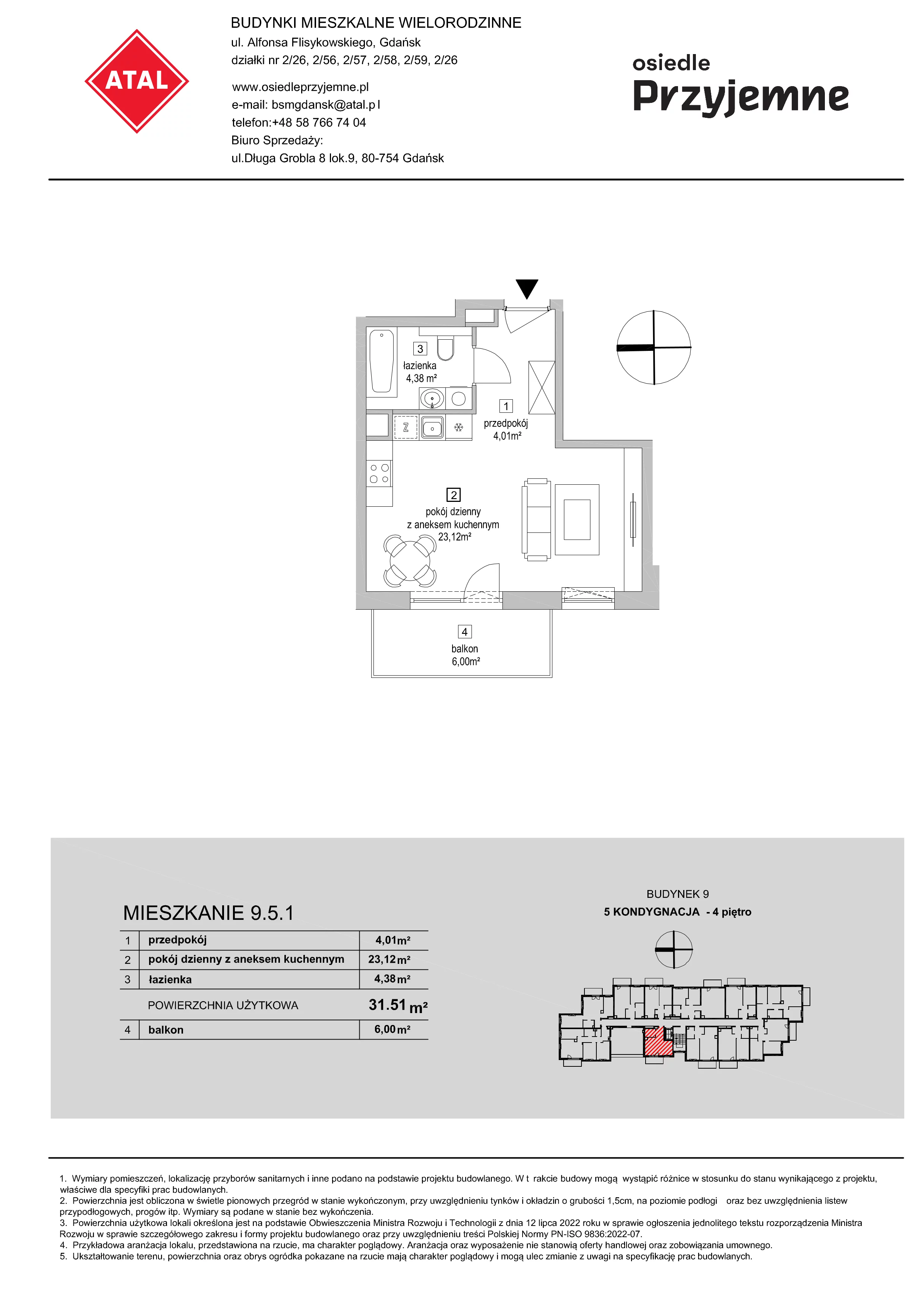 1 pokój, mieszkanie 31,51 m², piętro 4, oferta nr 9.5.1, Osiedle Przyjemne - etap IV, Gdańsk, Jasień, ul. Flisykowskiego