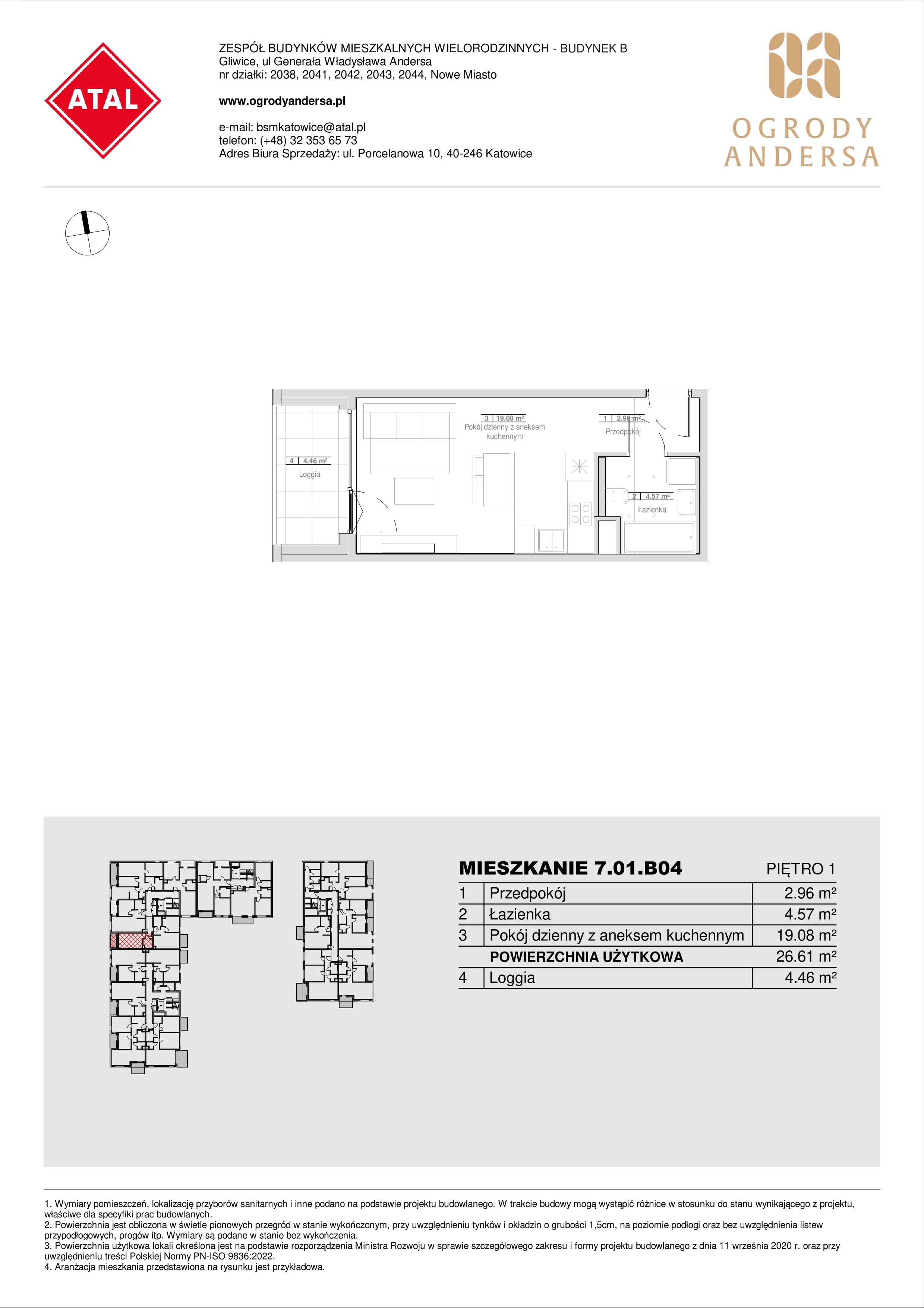 Mieszkanie 26,61 m², piętro 1, oferta nr 7.01.B04, Ogrody Andersa II, Gliwice, Wojska Polskiego, ul. Generała Władysława Andersa