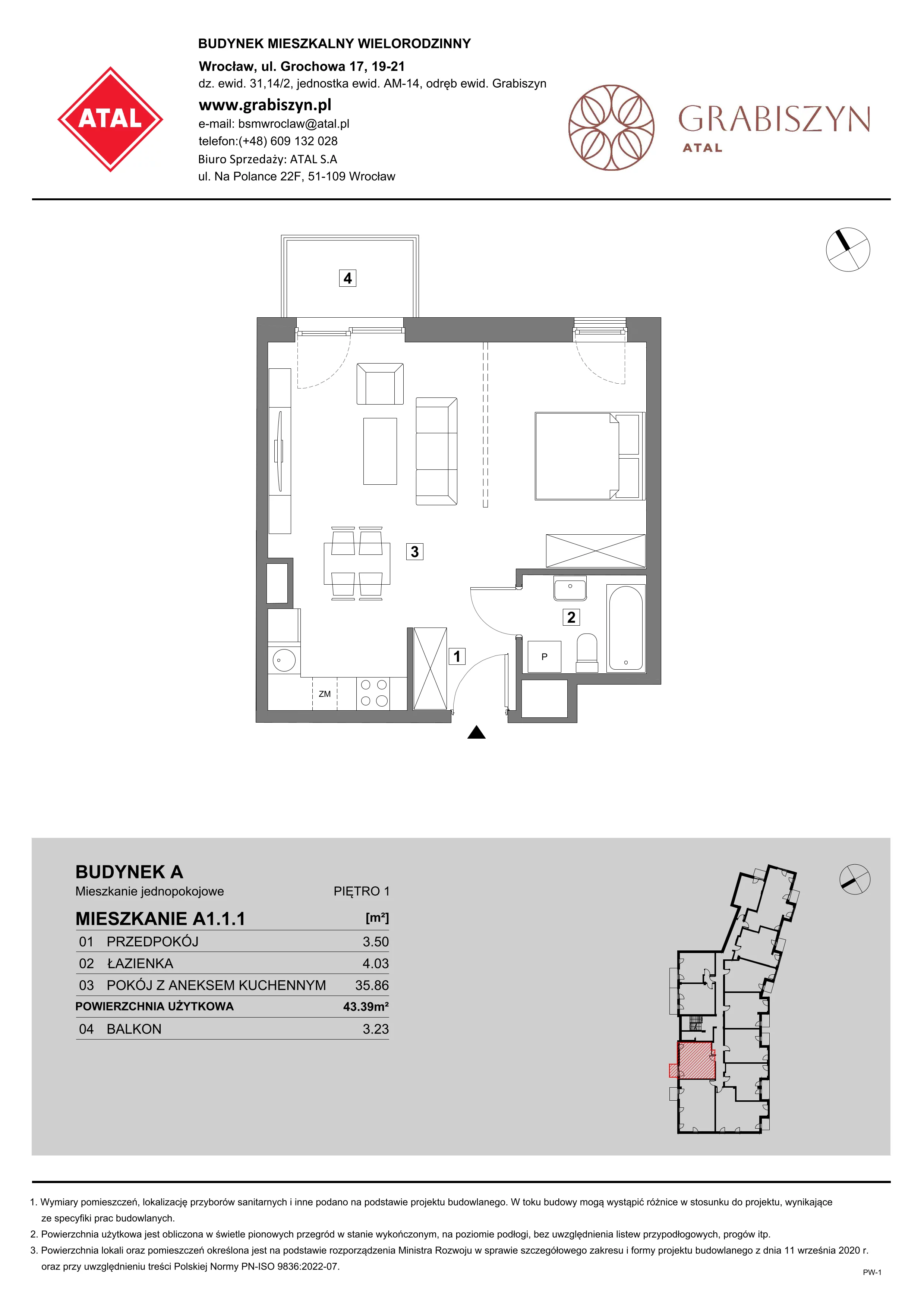 1 pokój, mieszkanie 43,39 m², piętro 1, oferta nr A1.1.1, ATAL Grabiszyn, Wrocław, Gajowice, Fabryczna, ul. Grochowa