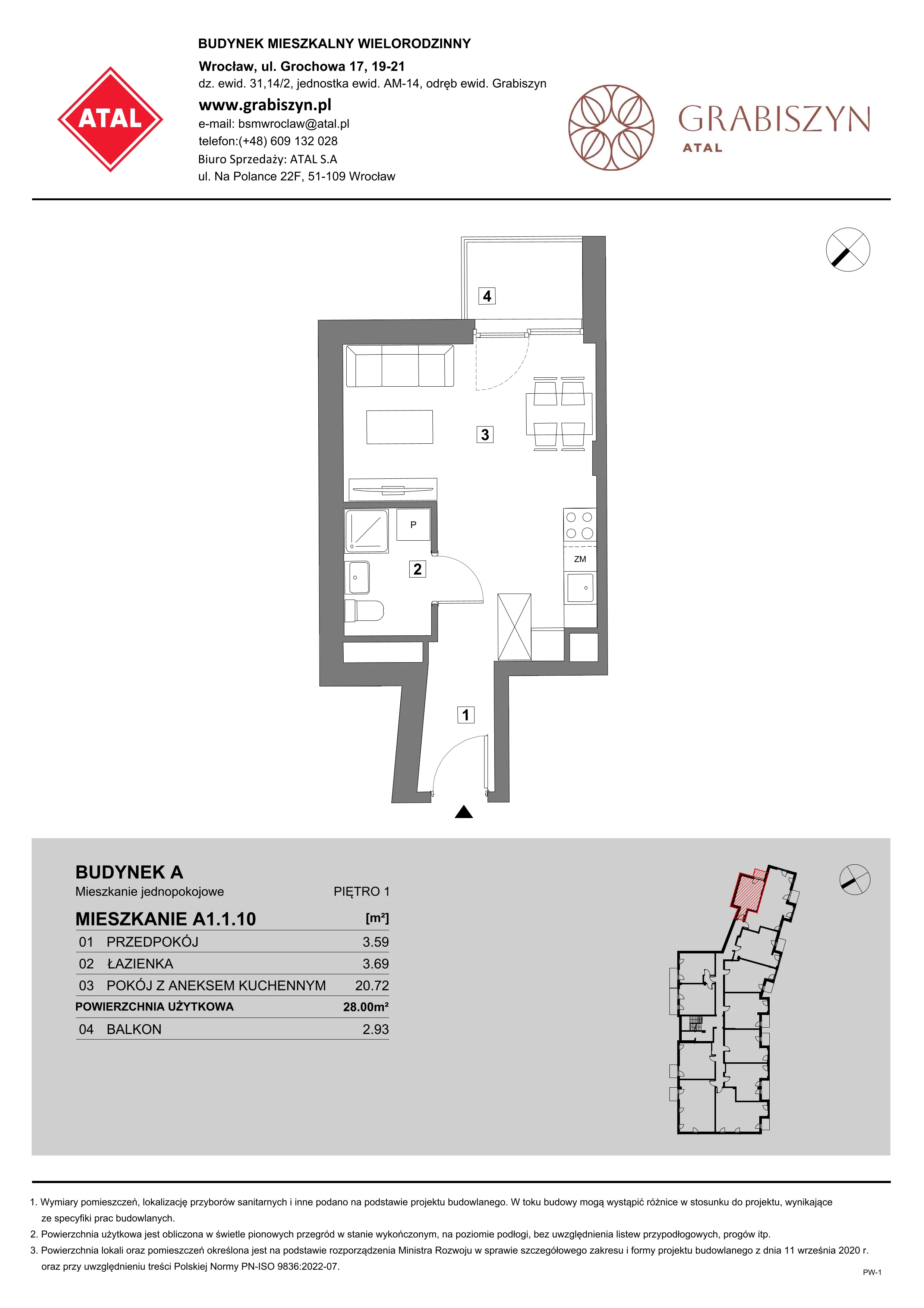 1 pokój, mieszkanie 28,00 m², piętro 1, oferta nr A1.1.10, ATAL Grabiszyn, Wrocław, Gajowice, Fabryczna, ul. Grochowa