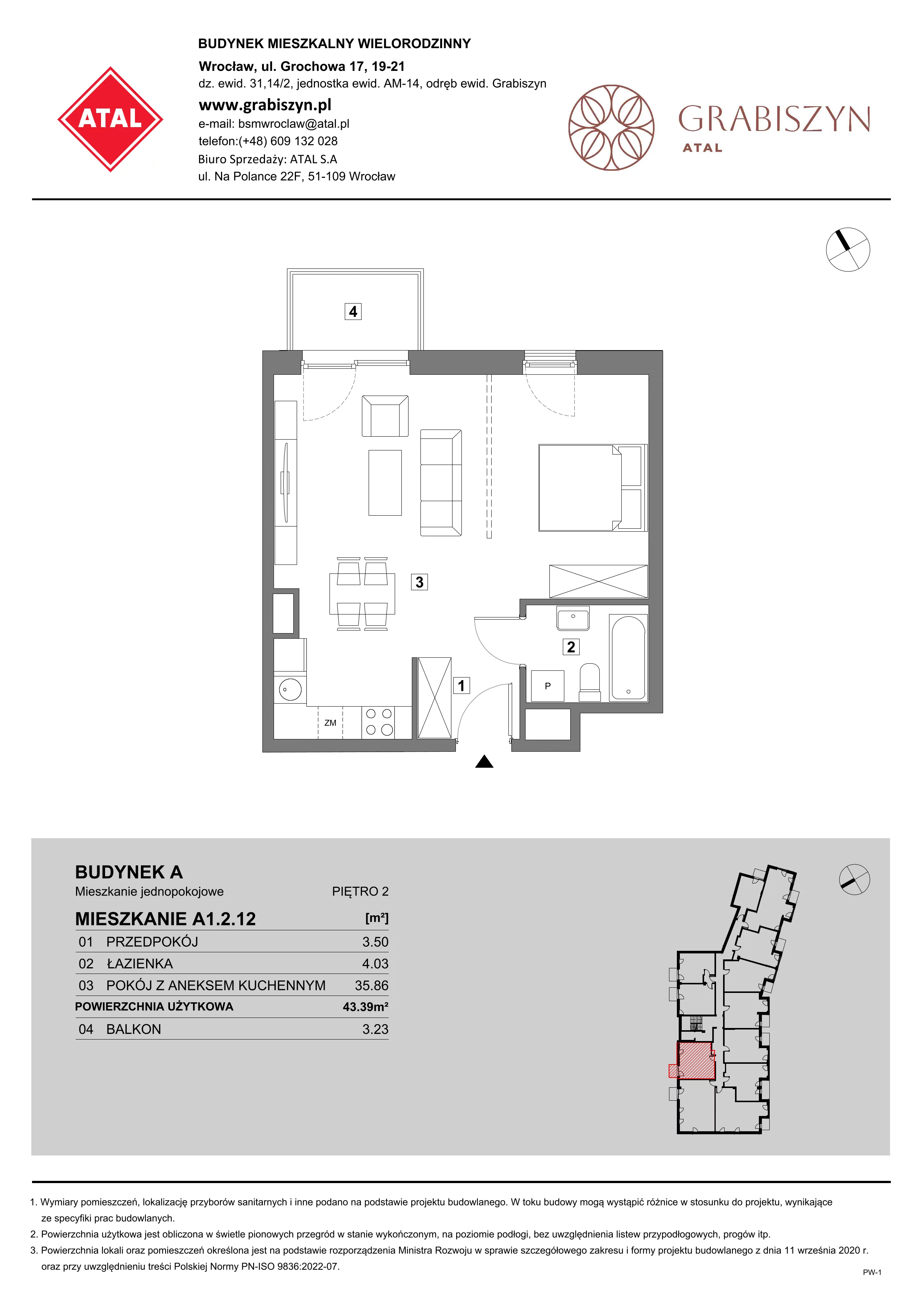 1 pokój, mieszkanie 43,39 m², piętro 2, oferta nr A1.2.12, ATAL Grabiszyn, Wrocław, Gajowice, Fabryczna, ul. Grochowa
