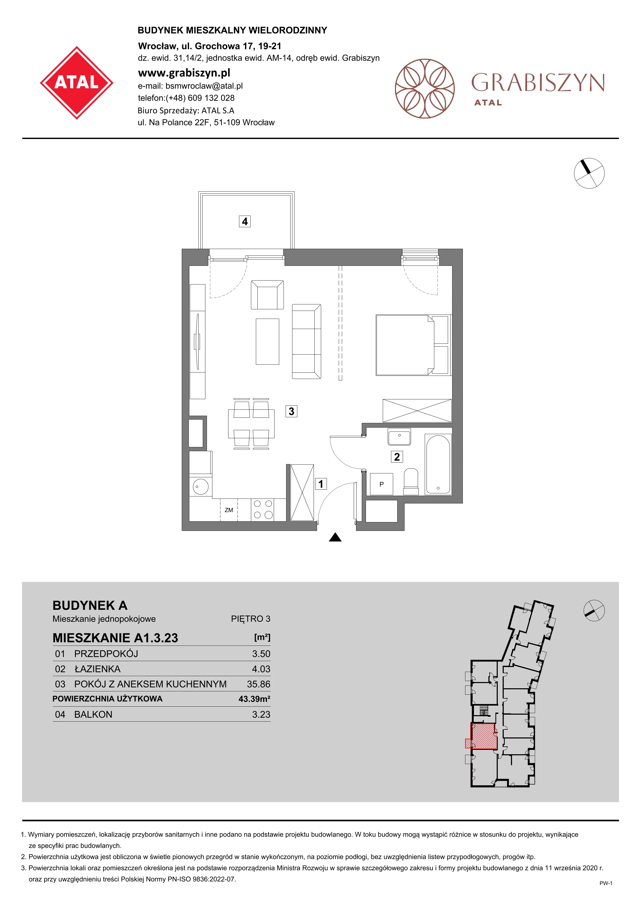 1 pokój, mieszkanie 43,39 m², piętro 3, oferta nr A1.3.23, ATAL Grabiszyn, Wrocław, Gajowice, Fabryczna, ul. Grochowa
