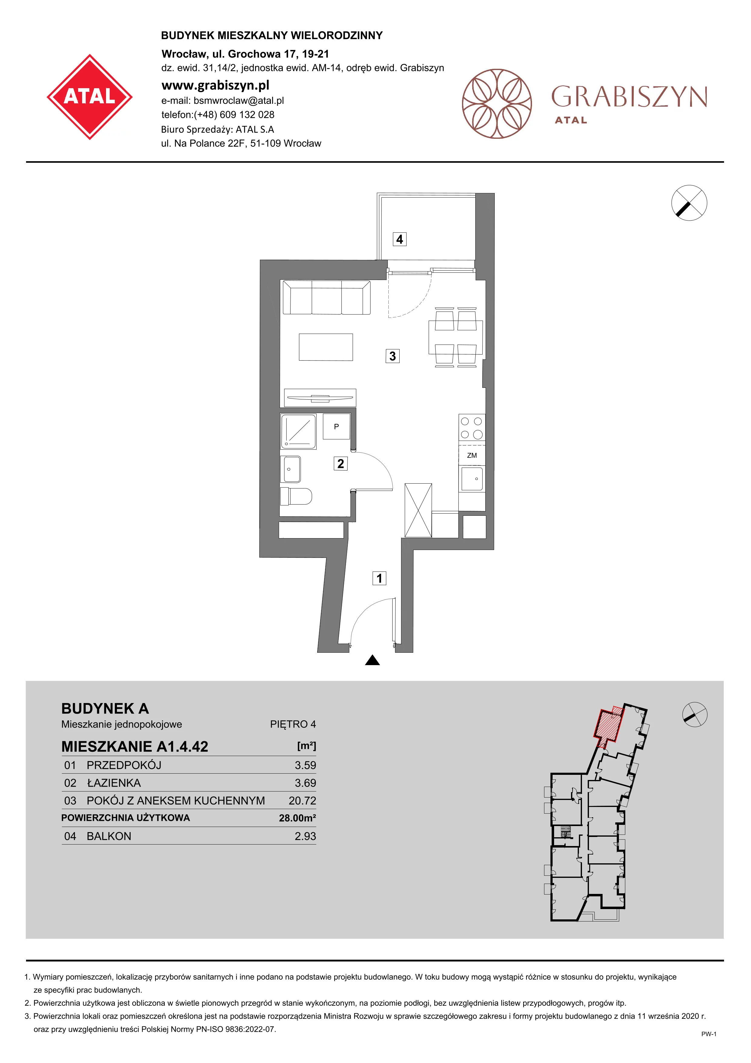 1 pokój, mieszkanie 28,00 m², piętro 4, oferta nr A1.4.42, ATAL Grabiszyn, Wrocław, Gajowice, Fabryczna, ul. Grochowa