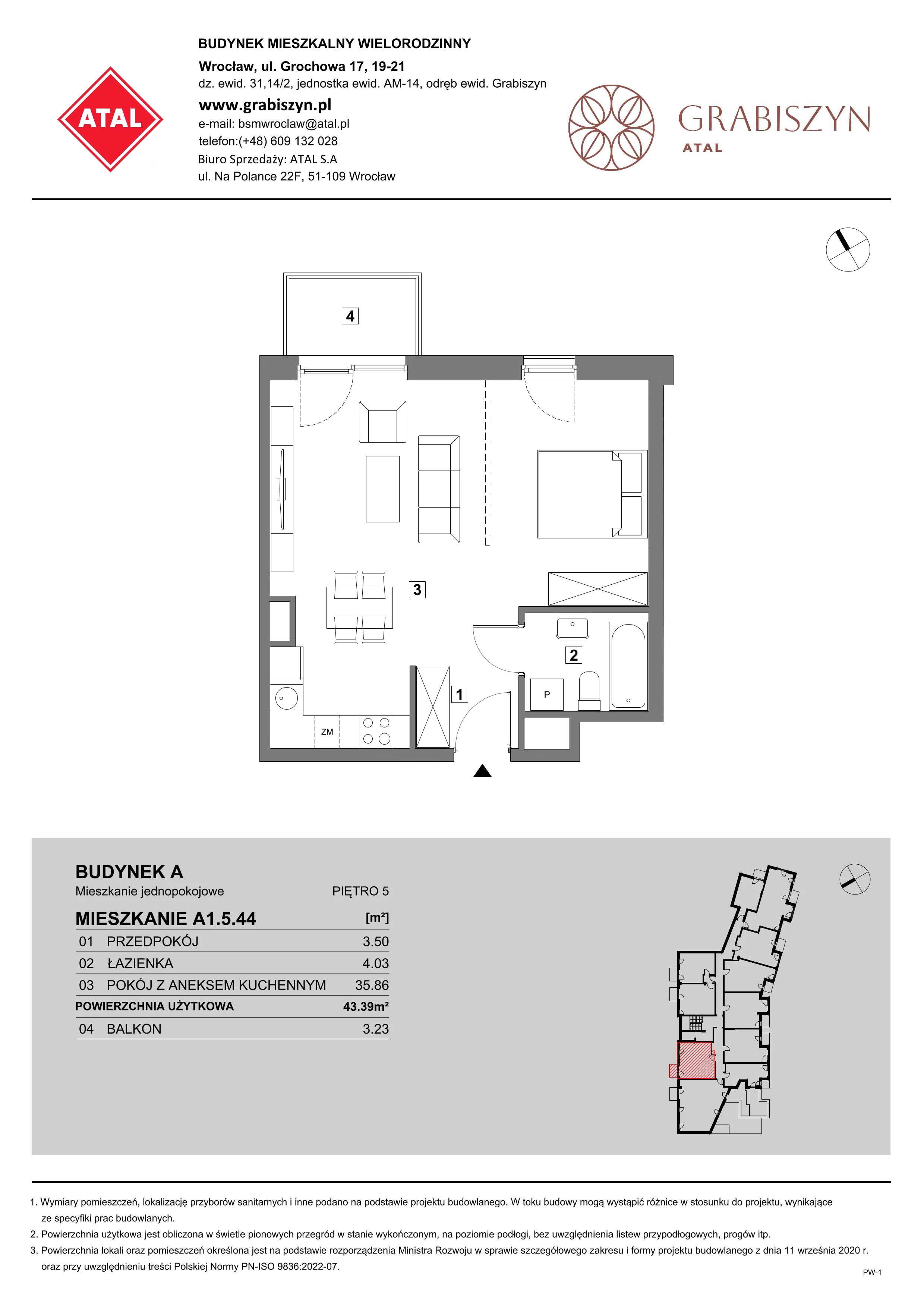 1 pokój, mieszkanie 43,39 m², piętro 5, oferta nr A1.5.44, ATAL Grabiszyn, Wrocław, Gajowice, Fabryczna, ul. Grochowa