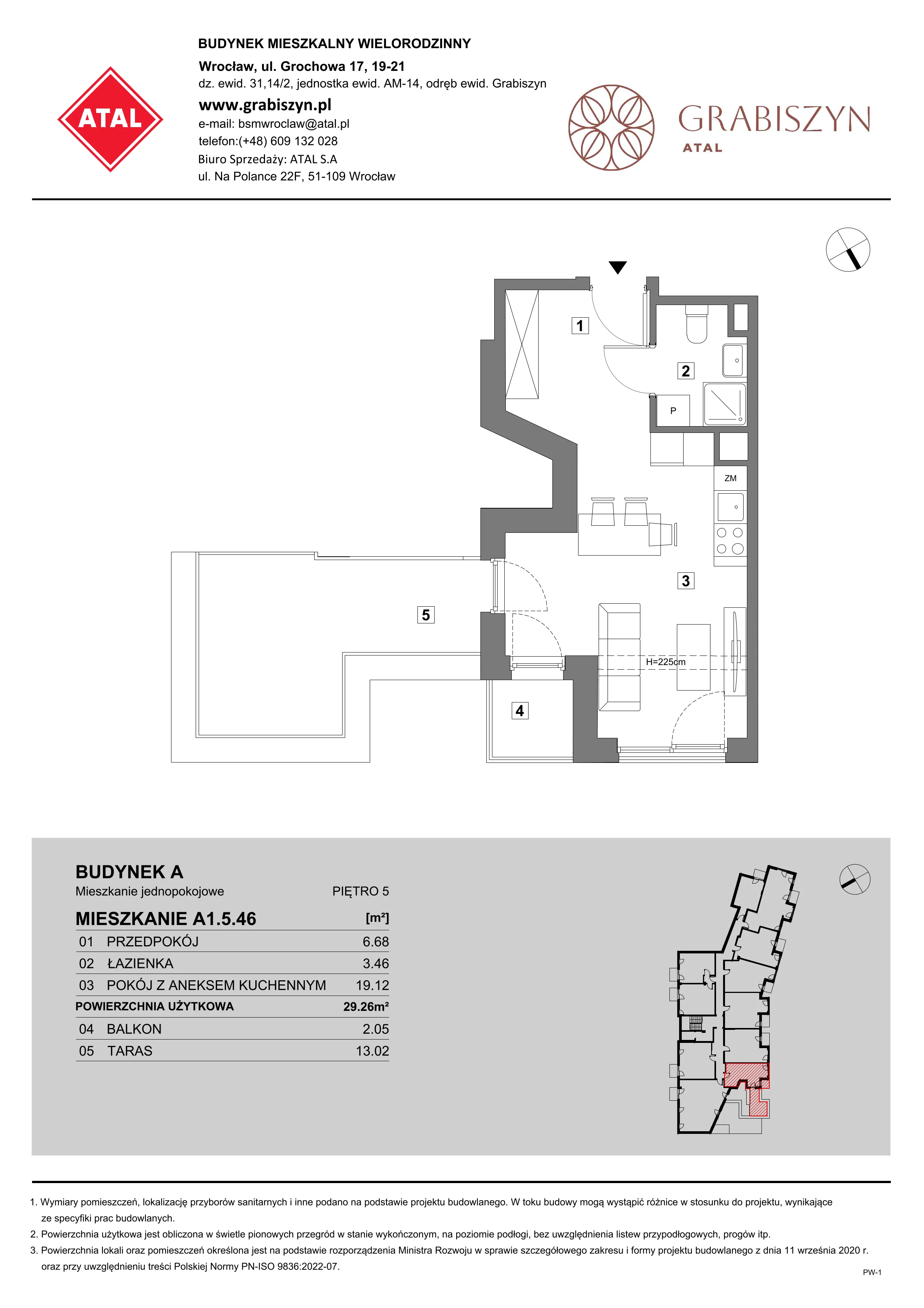 1 pokój, mieszkanie 29,26 m², piętro 5, oferta nr A1.5.46, ATAL Grabiszyn, Wrocław, Gajowice, Fabryczna, ul. Grochowa