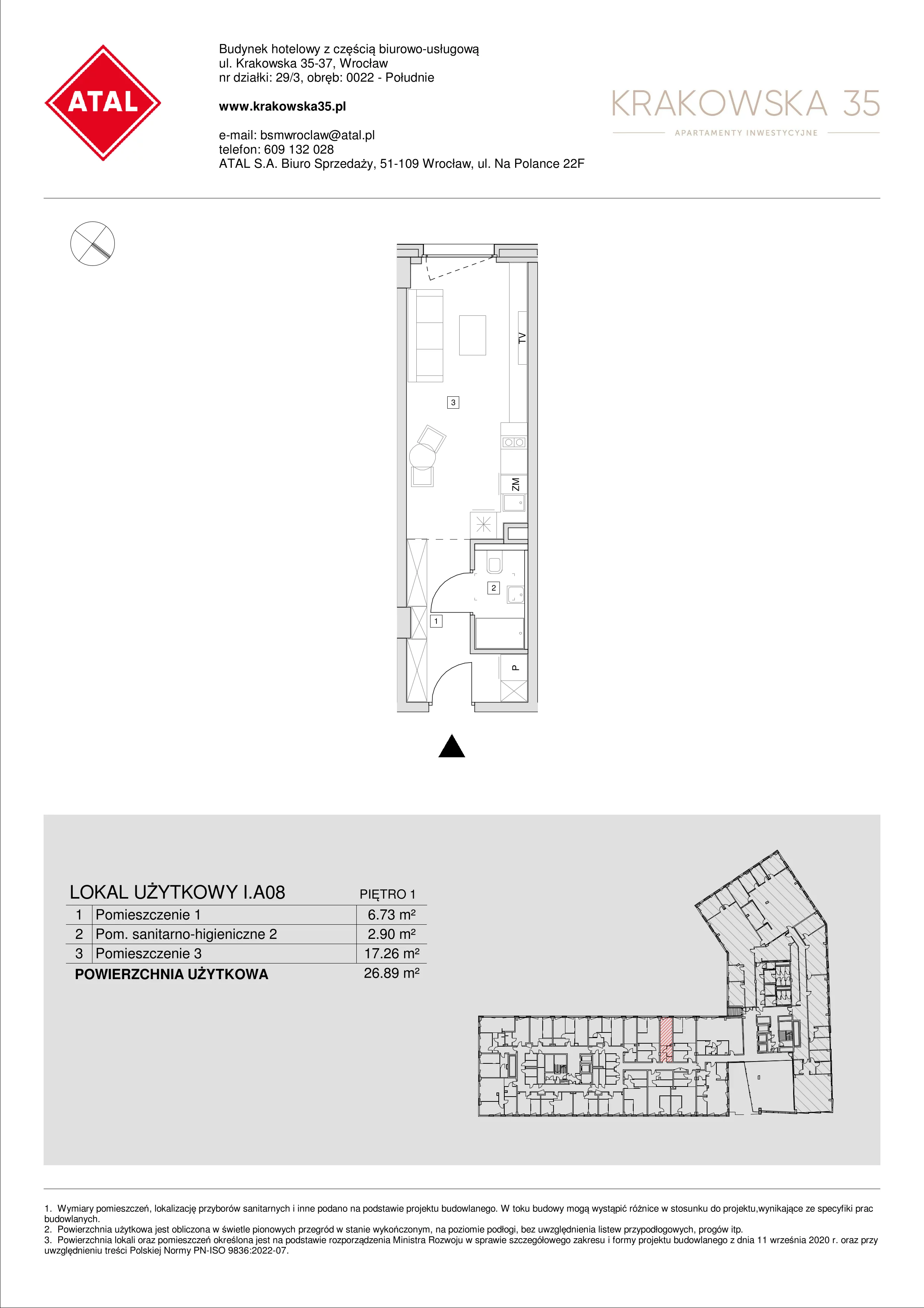 Mieszkanie 26,89 m², piętro 1, oferta nr I.A.08, Krakowska 35, Wrocław, Przedmieście Oławskie, Krzyki, ul. Krakowska