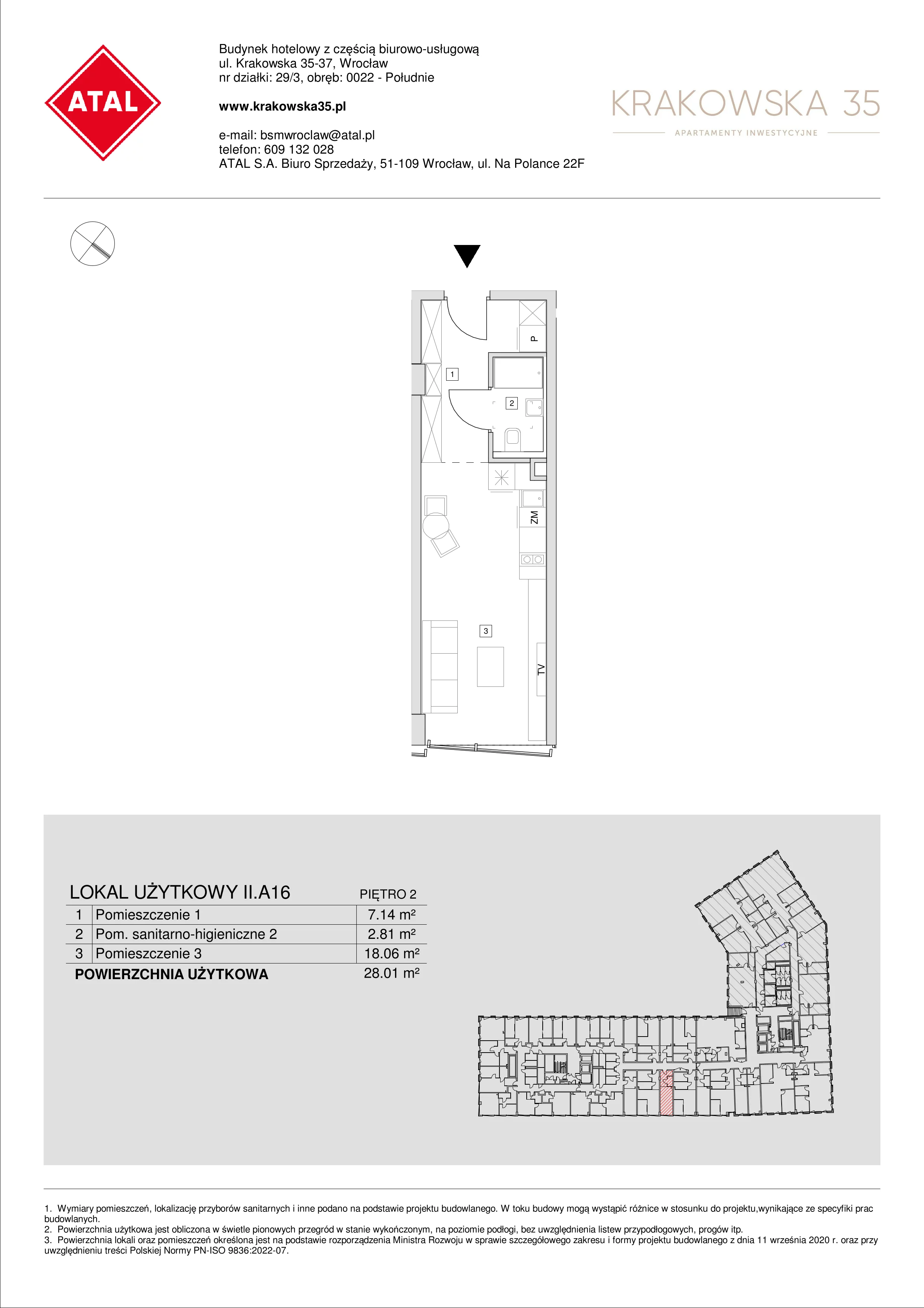 Mieszkanie 28,01 m², piętro 2, oferta nr II.A.16, Krakowska 35, Wrocław, Przedmieście Oławskie, Krzyki, ul. Krakowska