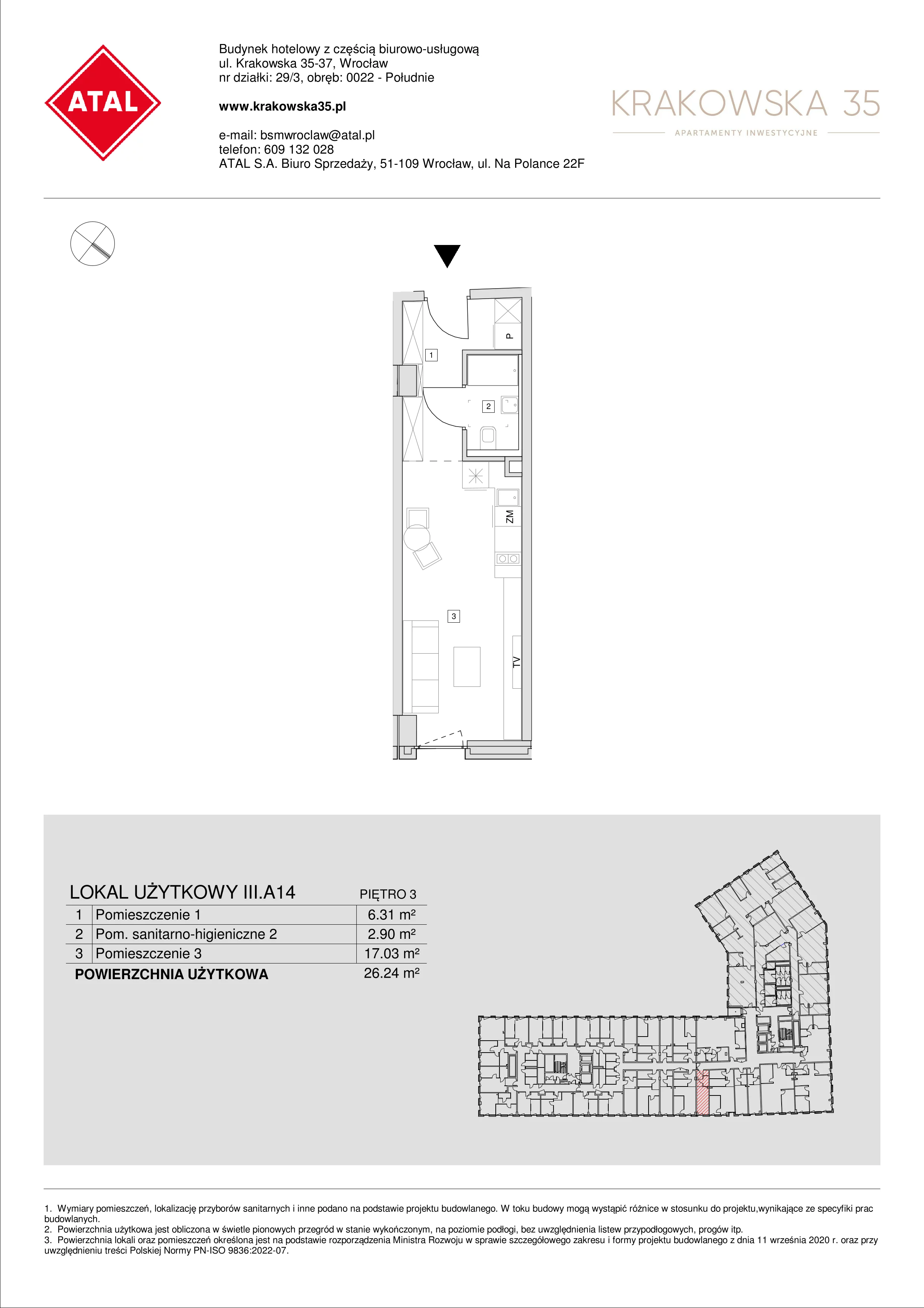 Mieszkanie 26,24 m², piętro 3, oferta nr III.A.14, Krakowska 35, Wrocław, Przedmieście Oławskie, Krzyki, ul. Krakowska