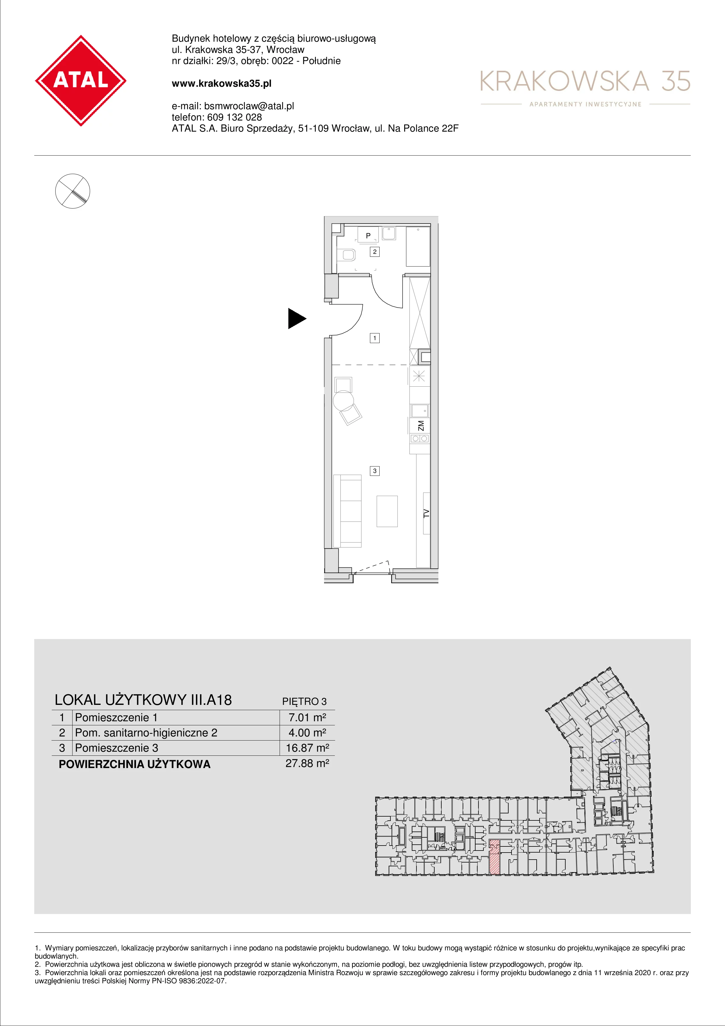 Mieszkanie 27,88 m², piętro 3, oferta nr III.A.18, Krakowska 35, Wrocław, Przedmieście Oławskie, Krzyki, ul. Krakowska