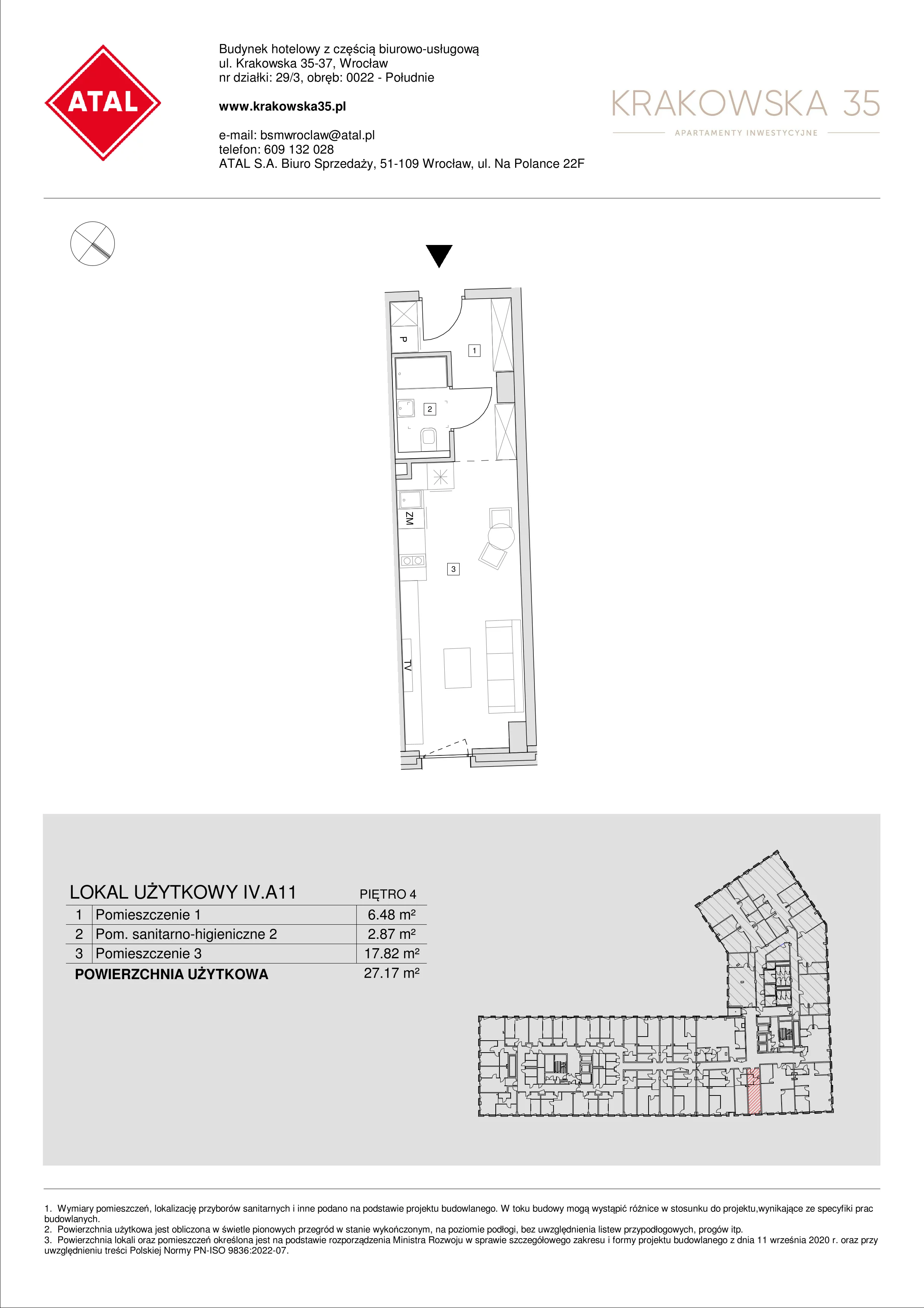 Mieszkanie 27,17 m², piętro 4, oferta nr IV.A.11, Krakowska 35, Wrocław, Przedmieście Oławskie, Krzyki, ul. Krakowska