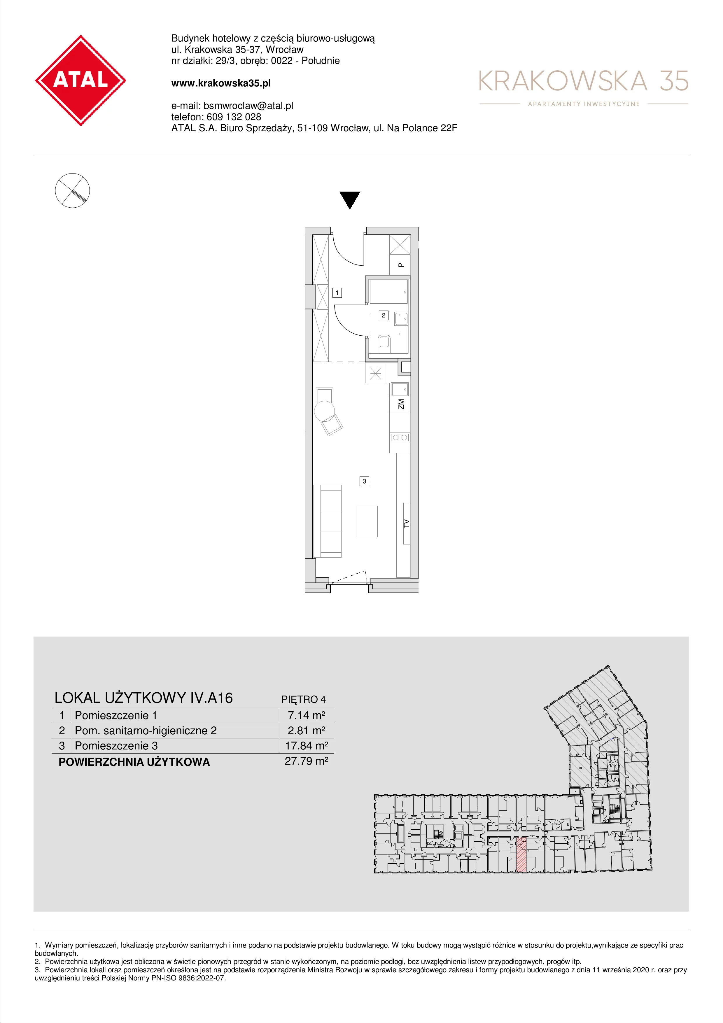 Mieszkanie 27,79 m², piętro 4, oferta nr IV.A.16, Krakowska 35, Wrocław, Przedmieście Oławskie, Krzyki, ul. Krakowska