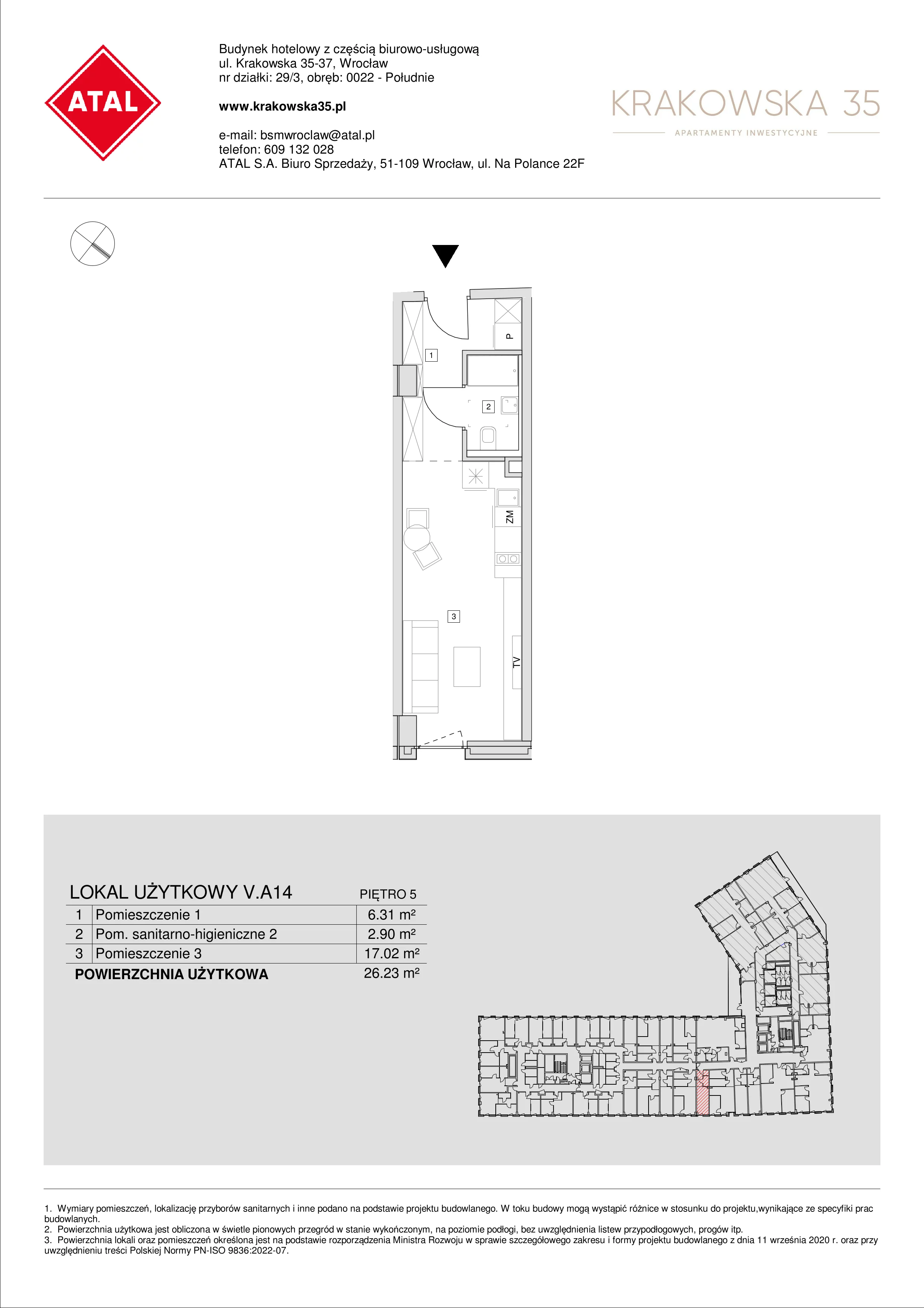 Mieszkanie 26,23 m², piętro 5, oferta nr V.A.14, Krakowska 35, Wrocław, Przedmieście Oławskie, Krzyki, ul. Krakowska