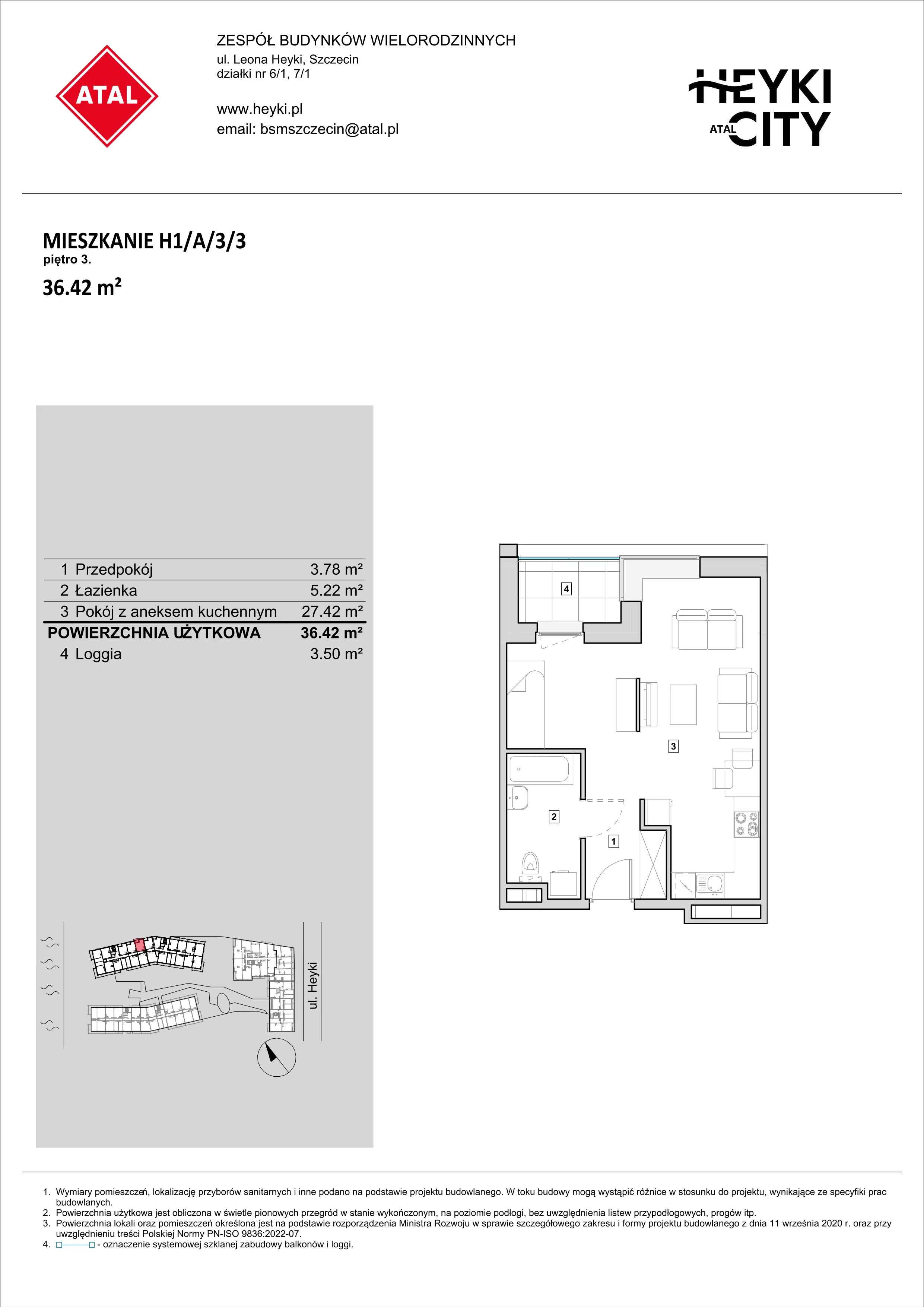 Mieszkanie 36,42 m², piętro 3, oferta nr H1-A-3-3, Heyki City ATAL, Szczecin, Prawobrzeże, Międzyodrze, ul. Leona Heyki