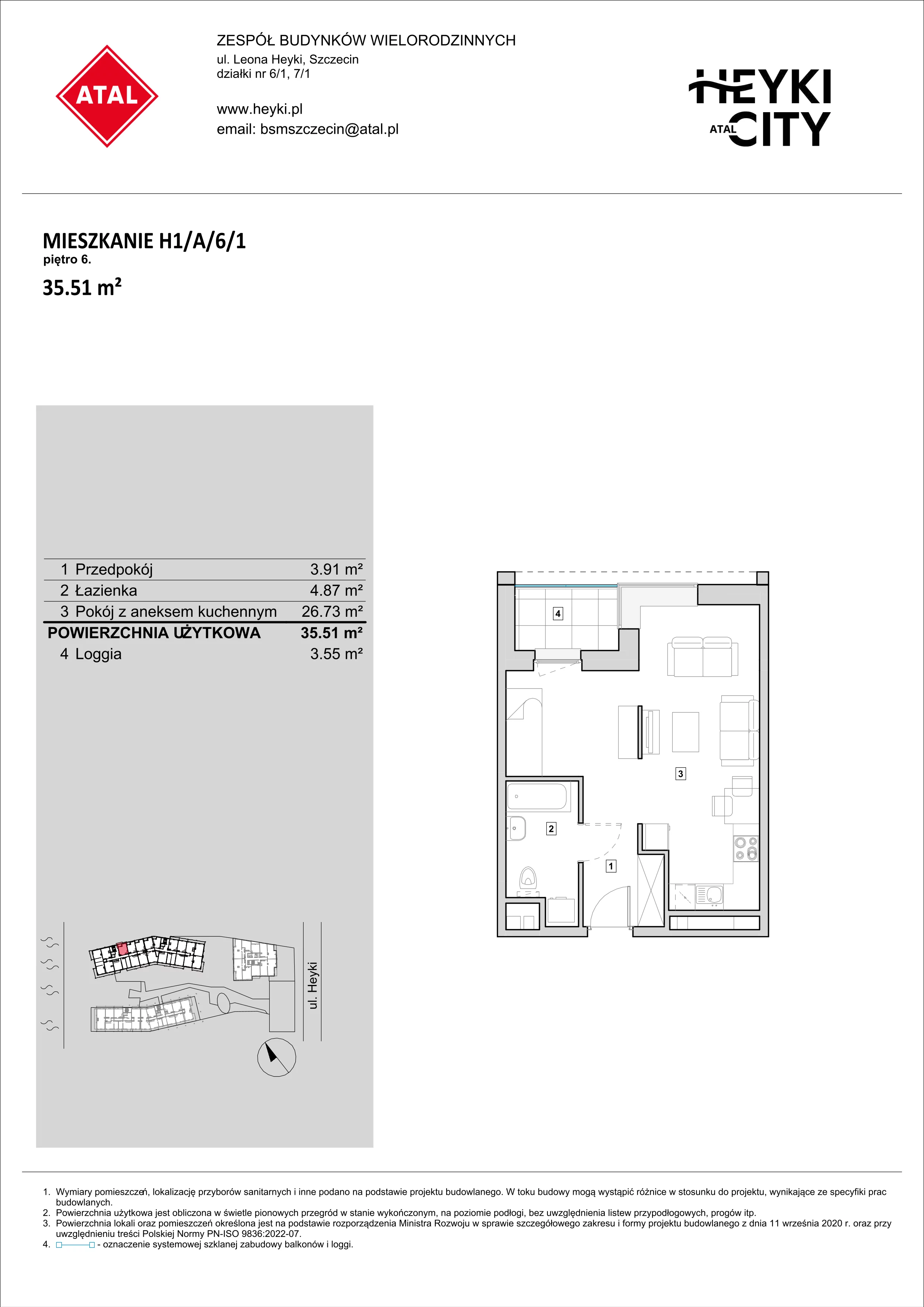 Mieszkanie 35,51 m², piętro 6, oferta nr H1-A-6-1, Heyki City ATAL, Szczecin, Prawobrzeże, Międzyodrze, ul. Leona Heyki