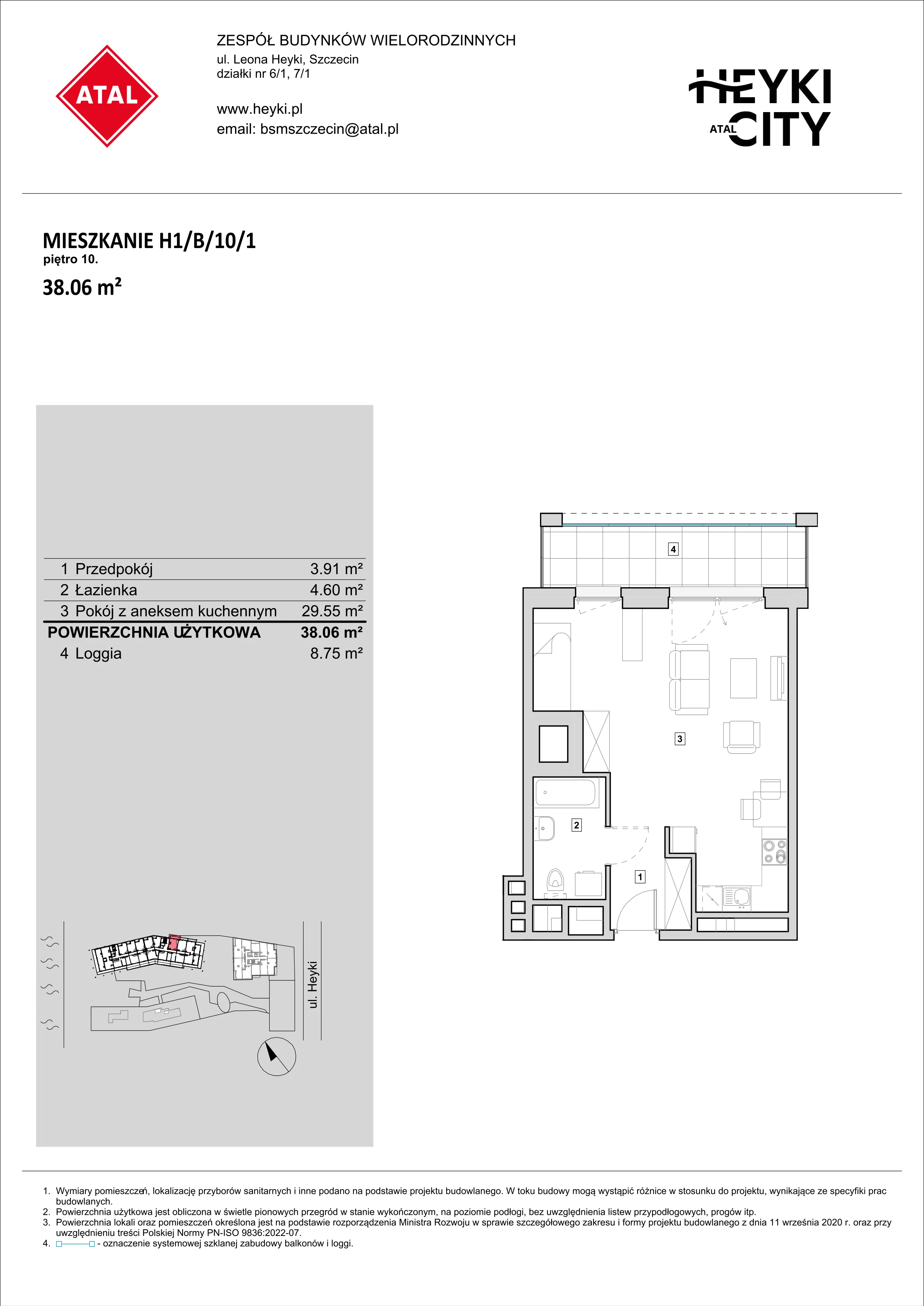 Mieszkanie 38,06 m², piętro 10, oferta nr H1-B-10-1, Heyki City ATAL, Szczecin, Prawobrzeże, Międzyodrze, ul. Leona Heyki