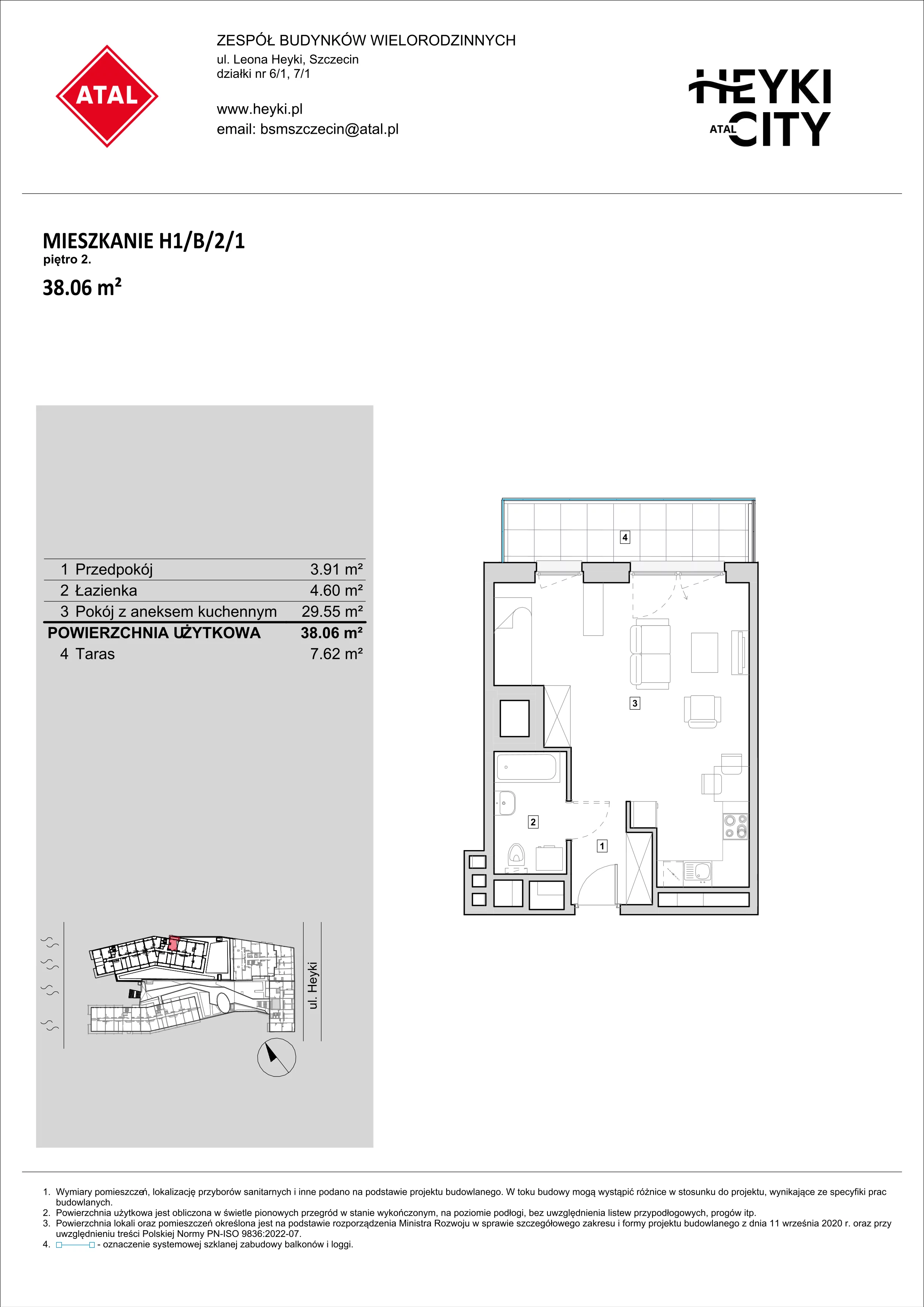 Mieszkanie 38,06 m², piętro 2, oferta nr H1-B-2-1, Heyki City ATAL, Szczecin, Prawobrzeże, Międzyodrze, ul. Leona Heyki