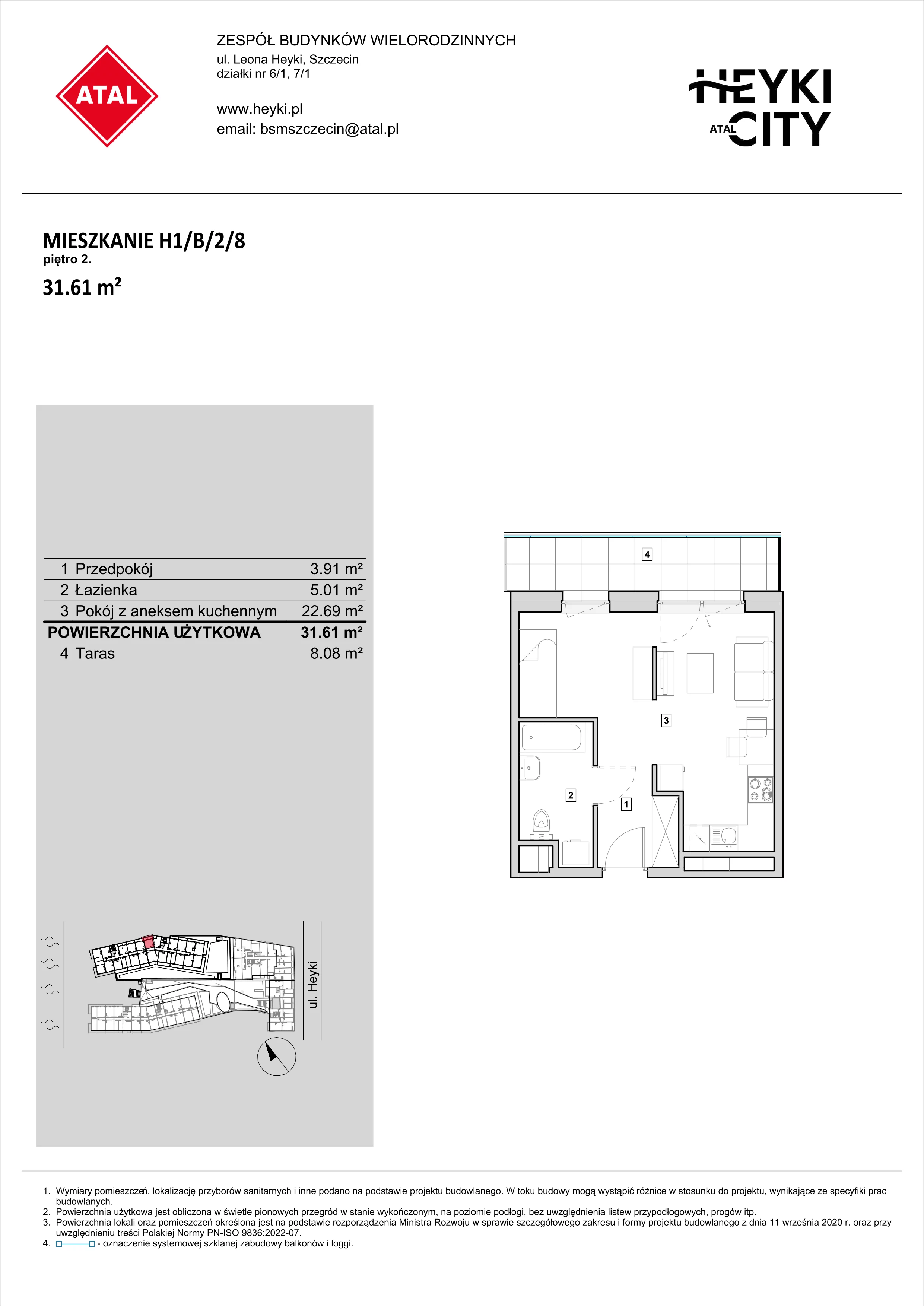 Mieszkanie 31,61 m², piętro 2, oferta nr H1-B-2-8, Heyki City ATAL, Szczecin, Prawobrzeże, Międzyodrze, ul. Leona Heyki