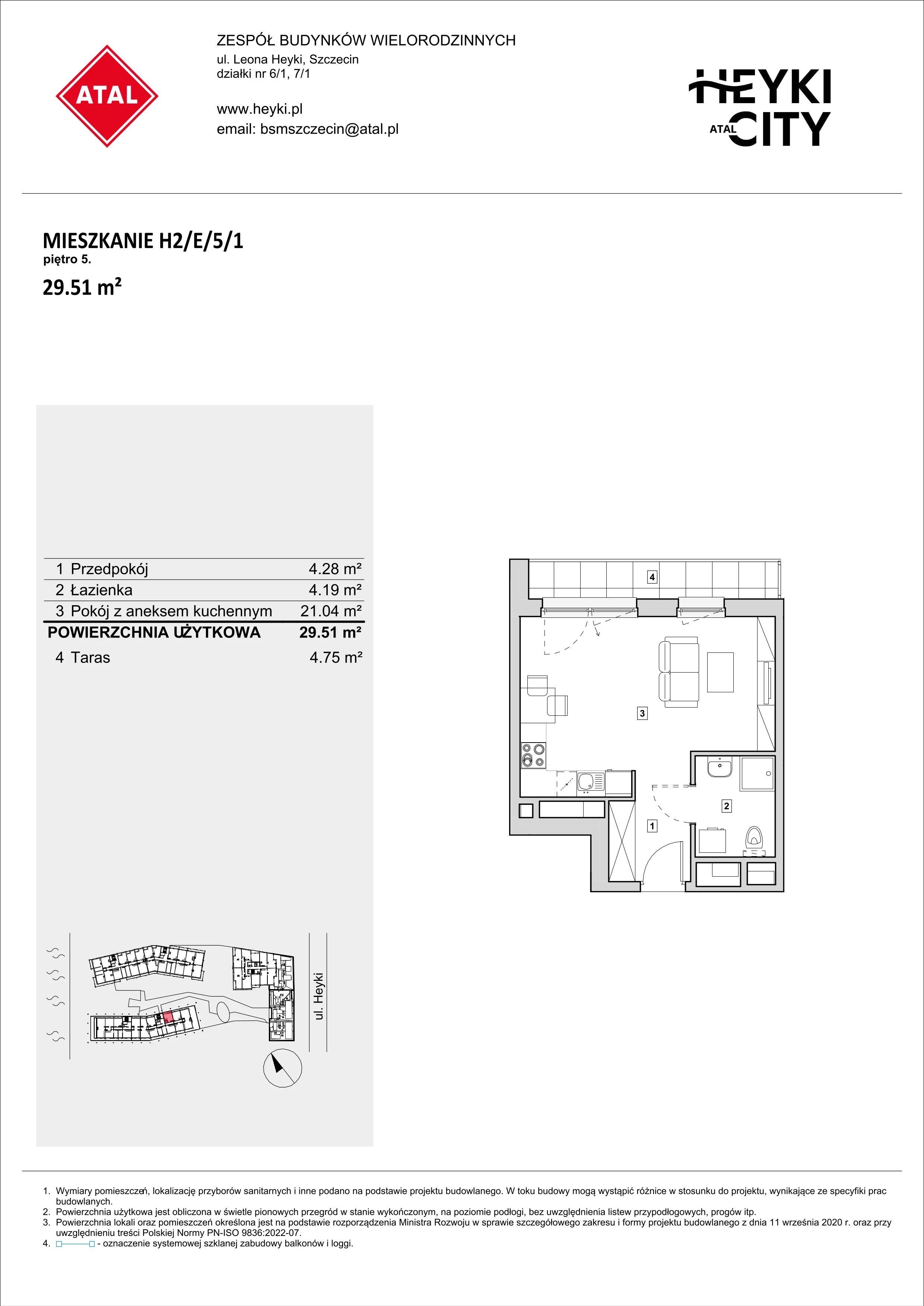 Mieszkanie 29,51 m², piętro 5, oferta nr H2-E-5-1, Heyki City ATAL, Szczecin, Prawobrzeże, Międzyodrze, ul. Leona Heyki