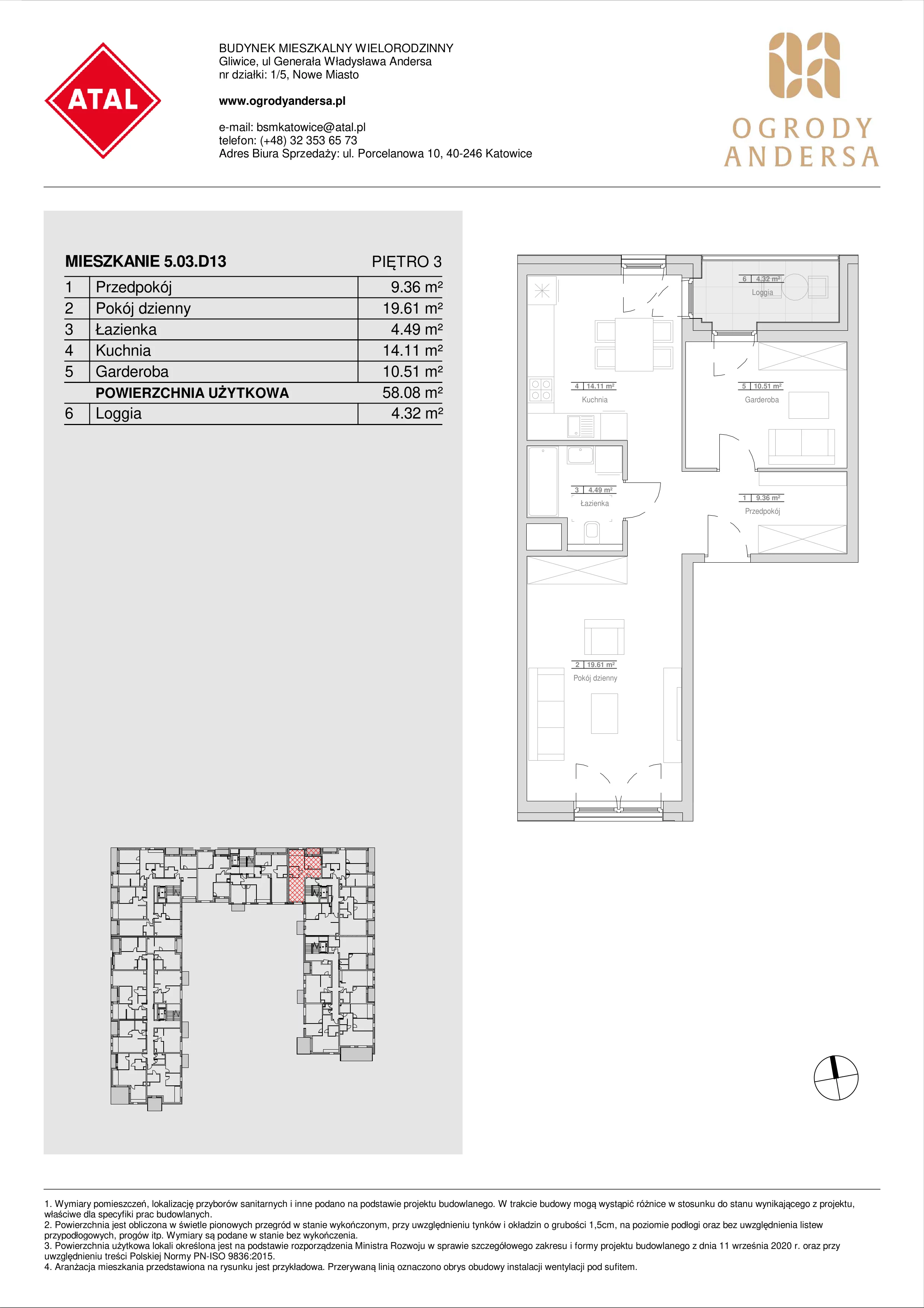 Mieszkanie 58,08 m², piętro 3, oferta nr 5.03.D13, Ogrody Andersa, Gliwice, Wojska Polskiego, ul. Leopolda Okulickiego