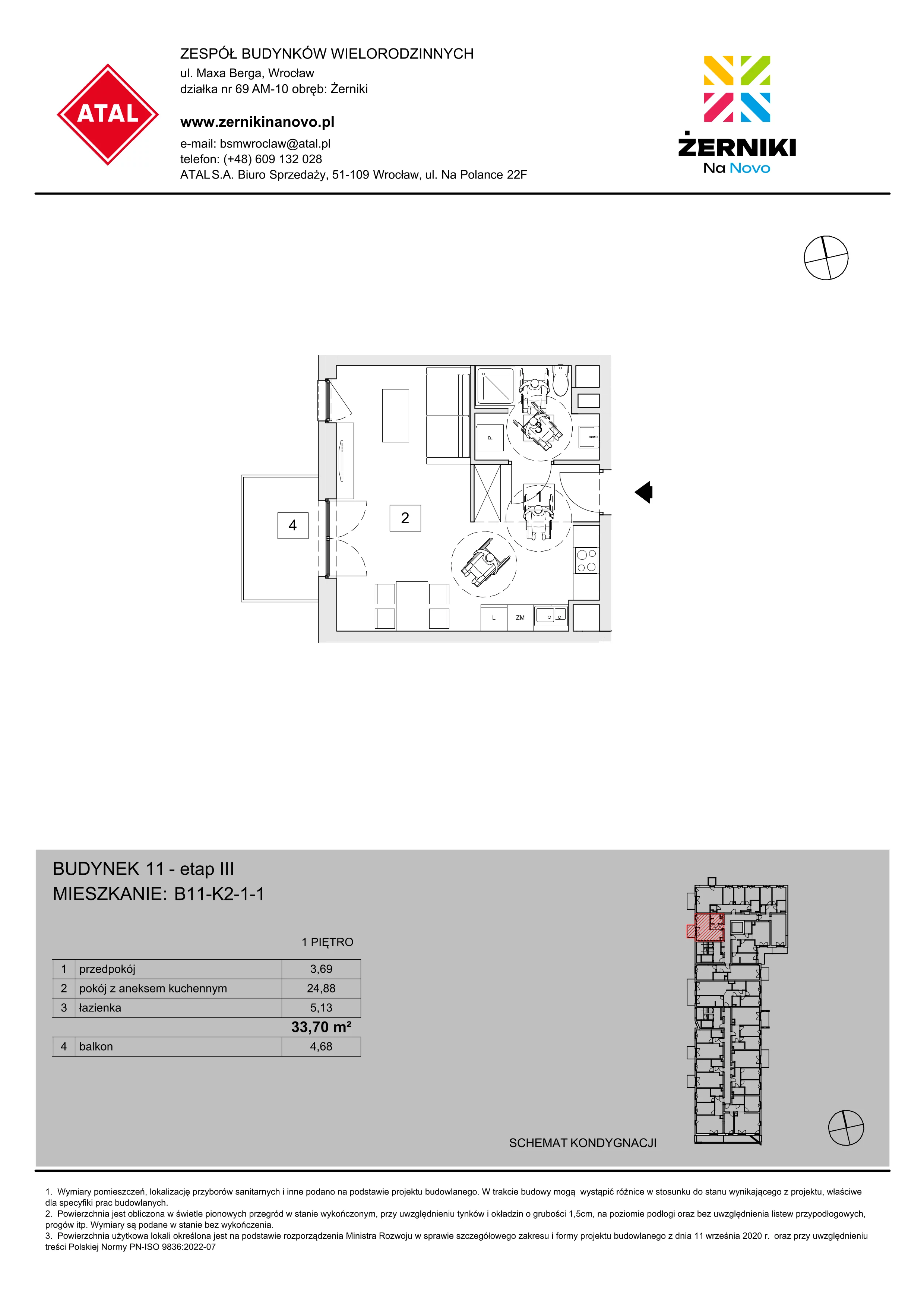 Mieszkanie 33,70 m², piętro 1, oferta nr B11-K2-1-1, Żerniki Na Novo III, Wrocław, Żerniki, ul. Maxa Berga