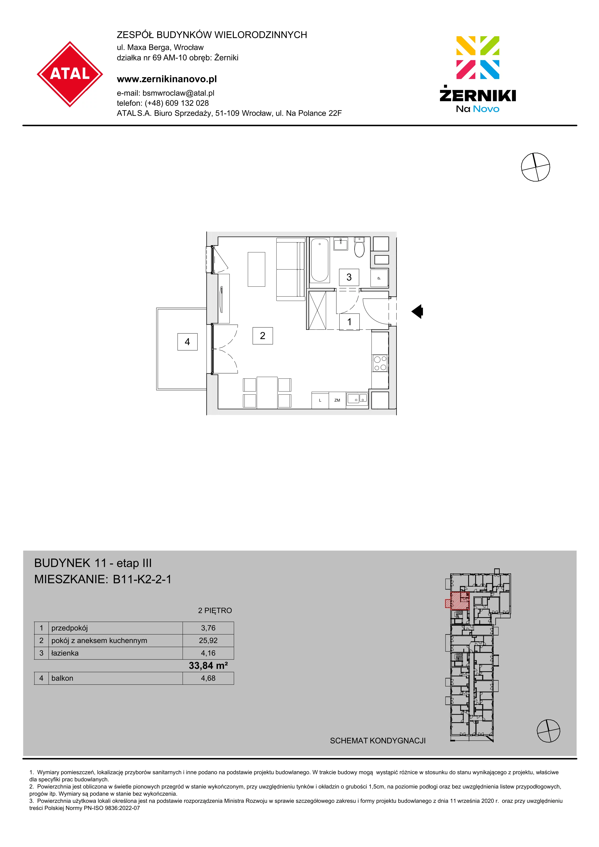 Mieszkanie 33,84 m², piętro 2, oferta nr B11-K2-2-1, Żerniki Na Novo III, Wrocław, Żerniki, ul. Maxa Berga